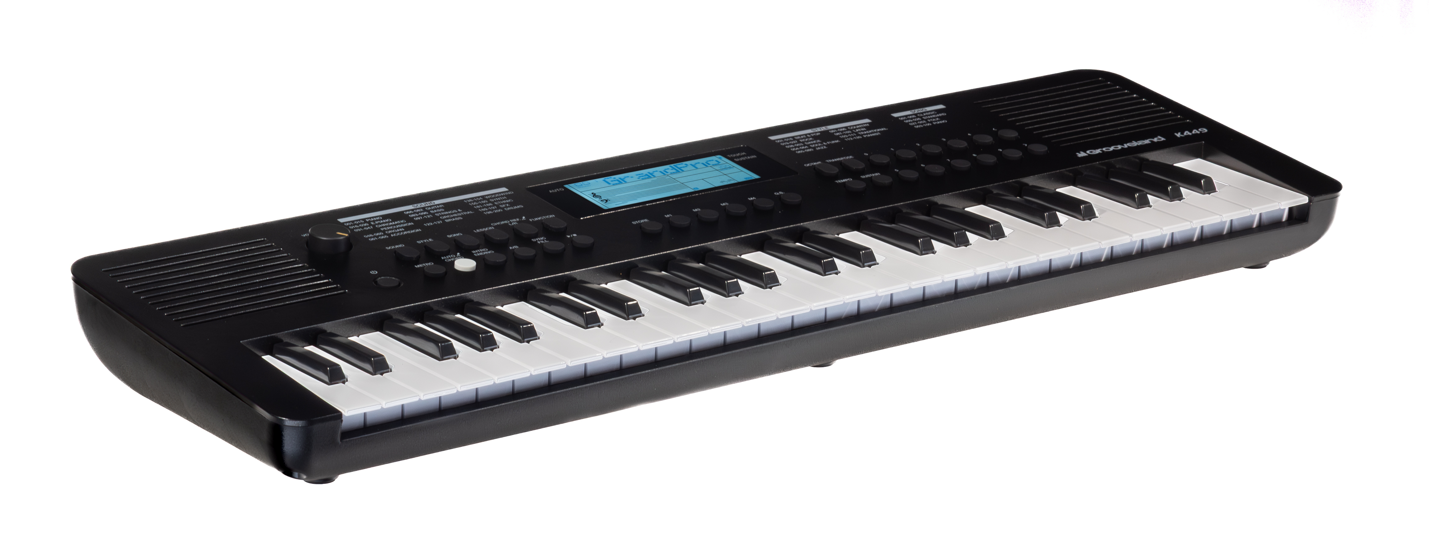 Ein schwarzes Grooveland K449 Keyboard mit weißen und schwarzen Tasten. Es hat einen Bildschirm und Knöpfe.