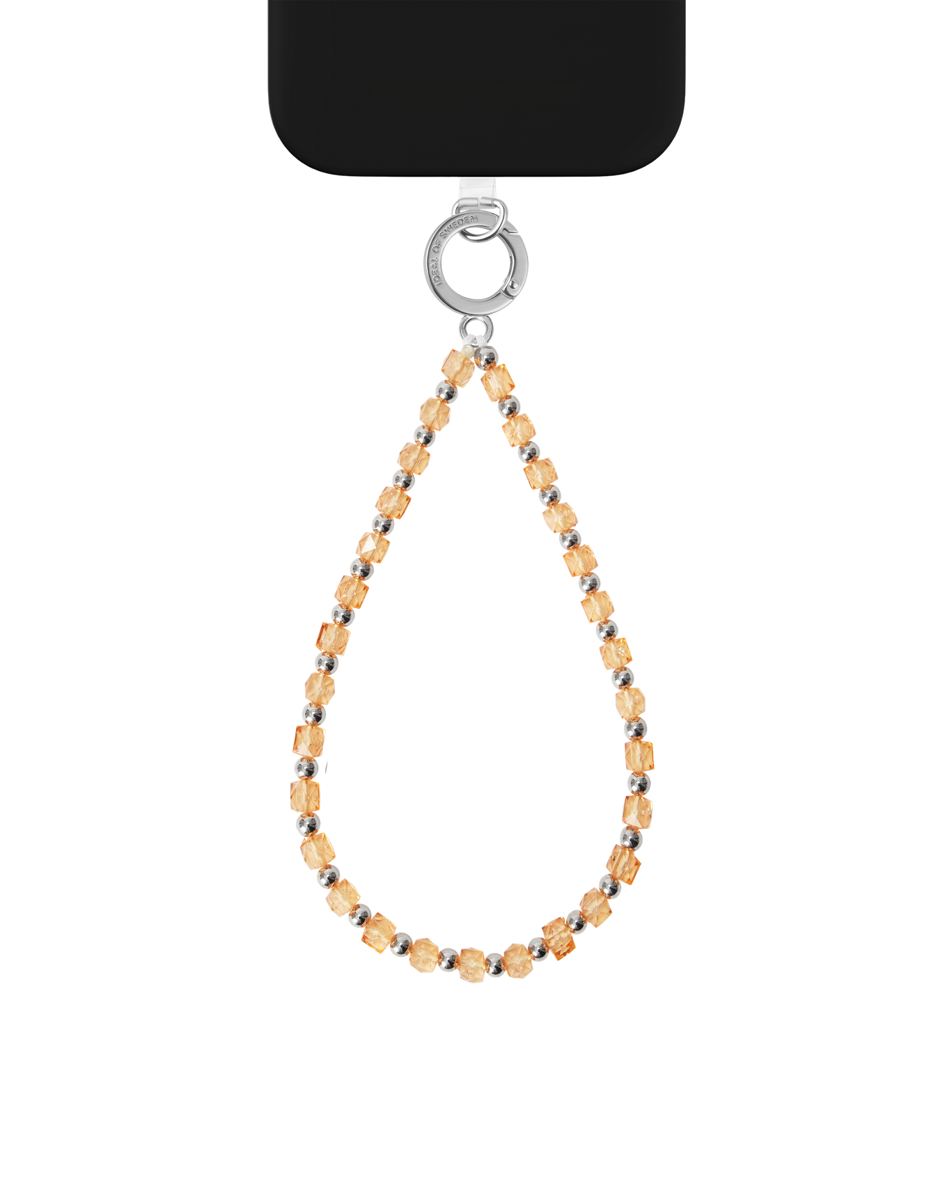Eine Handyhülle mit einer Perlenkette. Die Kette besteht aus orange-braunen Perlen und silbernen Perlen, die an einem silbernen Verschluss befestigt sind.
