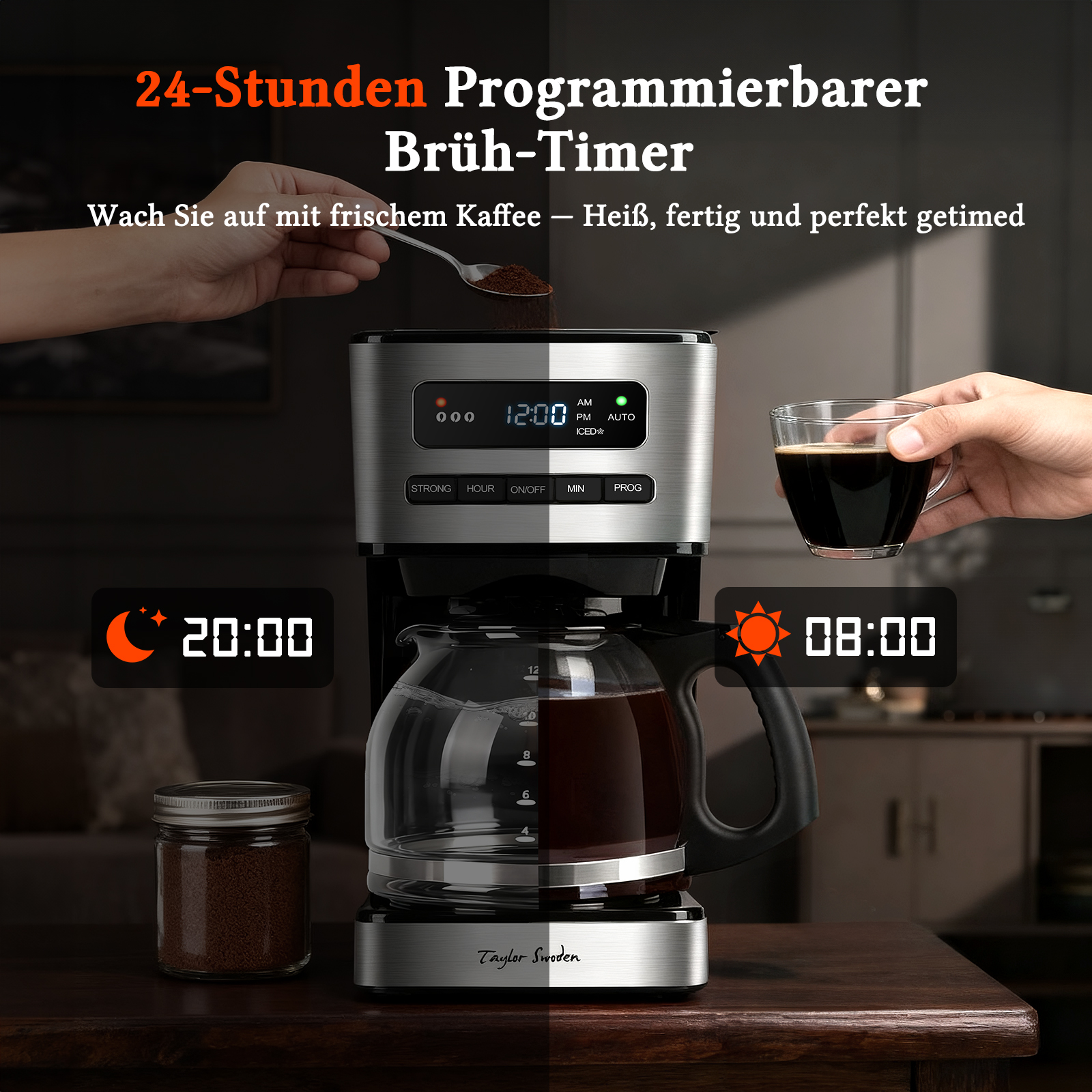 Kaffeemaschine mit Timer. Eine Hand fügt Kaffeepulver hinzu. Ein Glas Kaffee wird gehalten. Zeitanzeigen werden angezeigt.