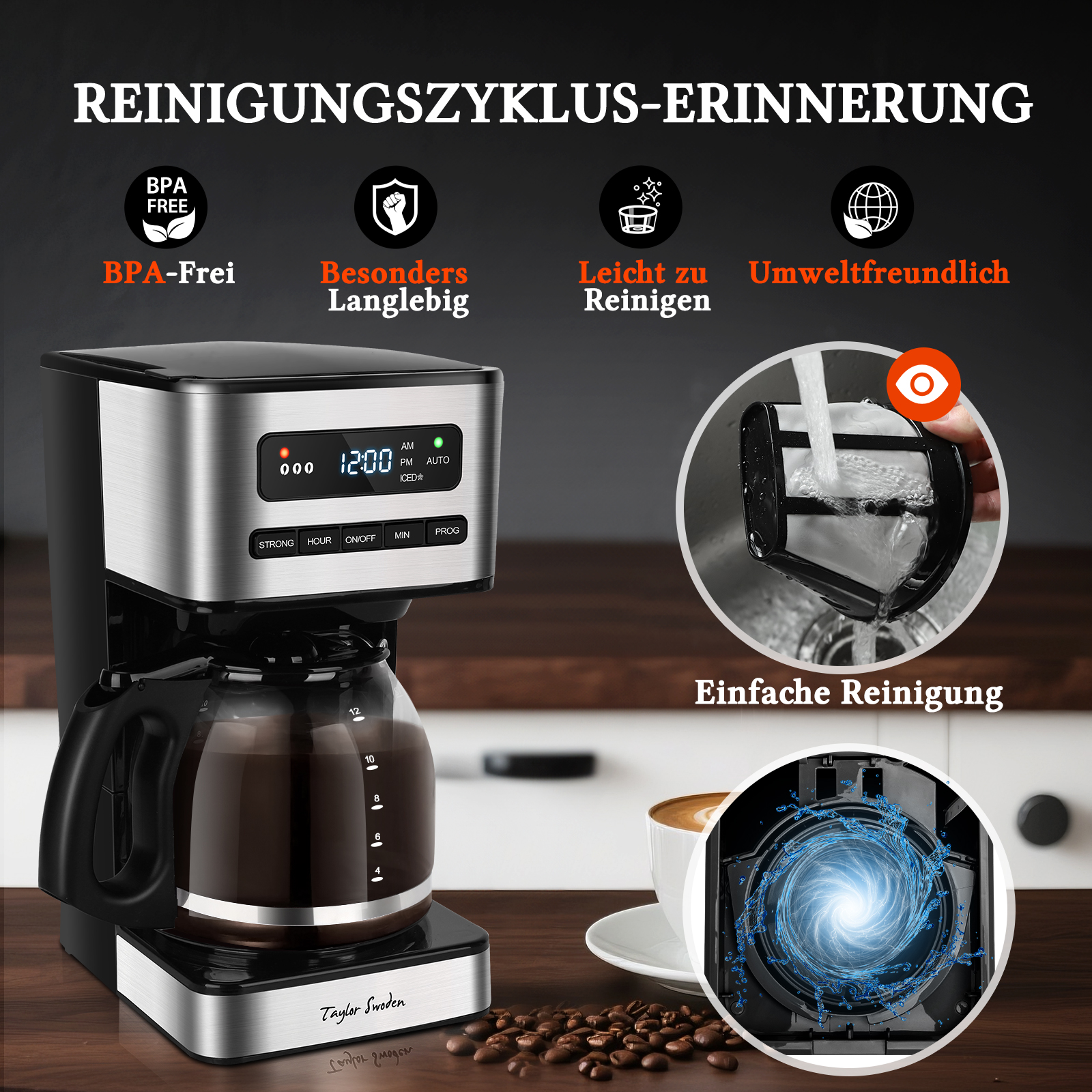 Eine Kaffeemaschine mit Glaskaraffe, Digitalanzeige und Filterkorb. Text beschreibt Funktionen wie BPA-frei und einfache Reinigung.