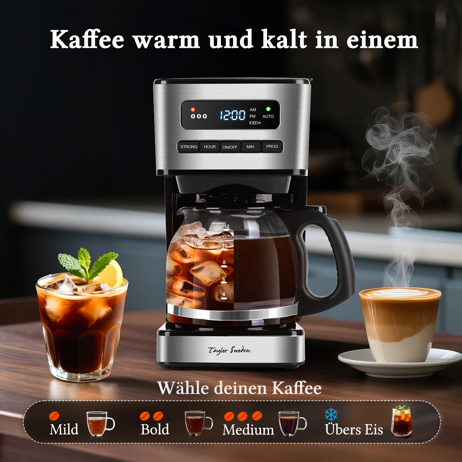 Kaffeemaschine, Eiskaffee und Latte. Die Anzeige zeigt die Uhrzeit. Optionen sind mild, kräftig, mittel und Eiskaffee.