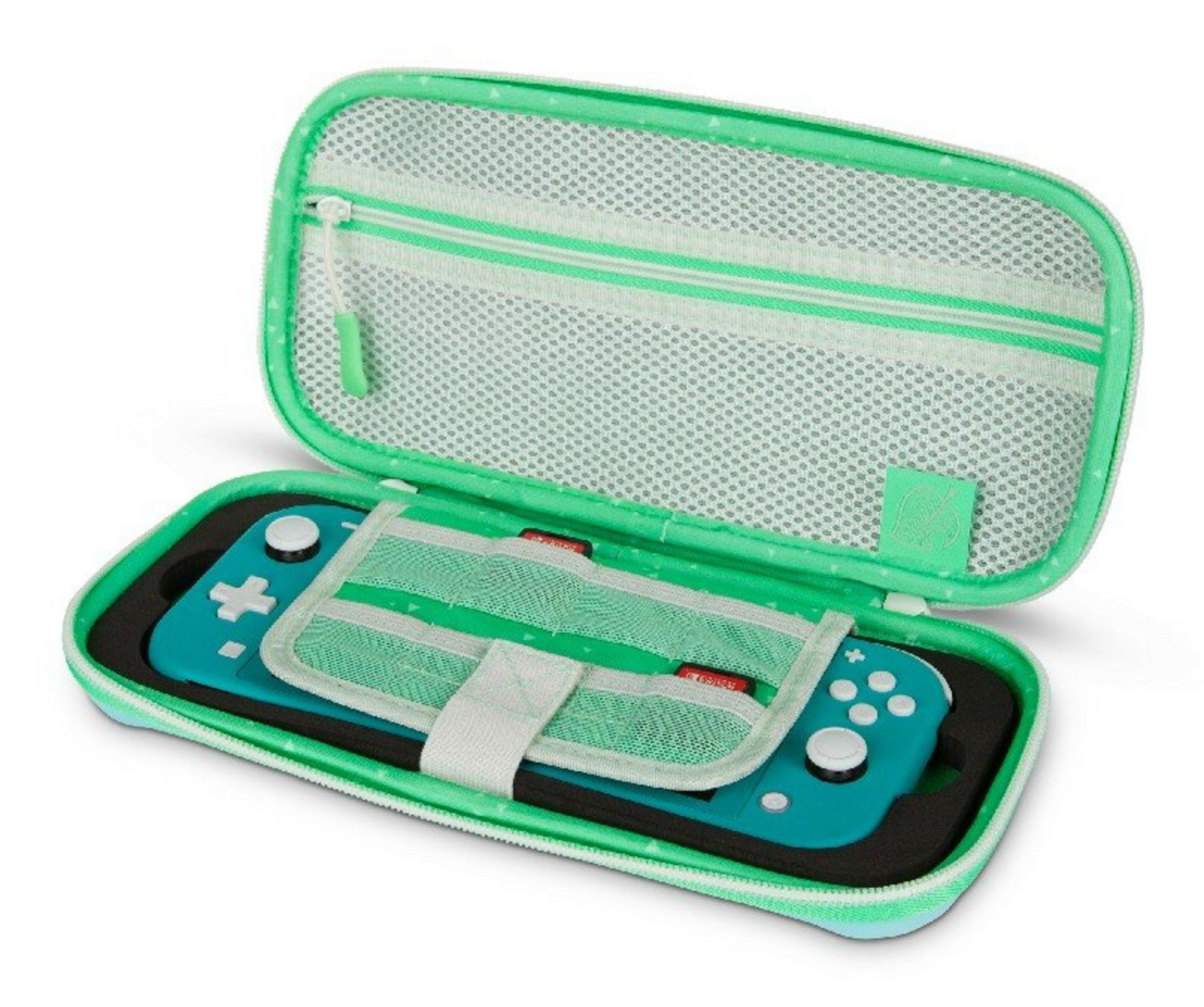 Otwarty zielony futerał z turkusowym Switch Lite w środku. Etui ma siatkową kieszeń i uchwyt na kartridże.