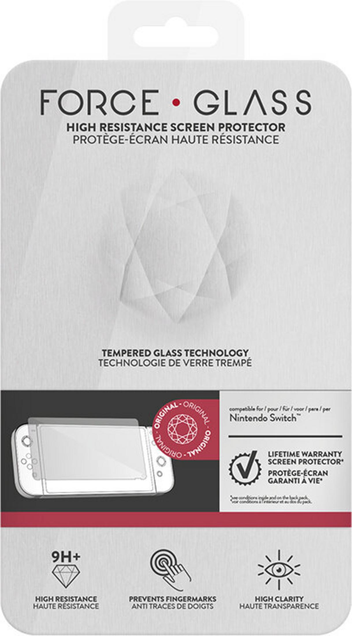 Un paquete protector de pantalla para Nintendo Switch. Muestra el nombre del producto, características y una imagen de la consola.