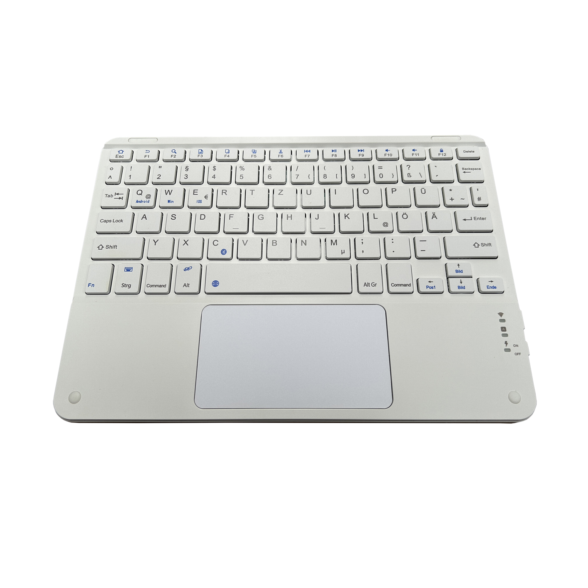 Eine silberne, kabellose Tastatur mit Touchpad. Sie hat verschiedene Tasten, darunter Funktionstasten, Buchstaben und Zahlen.