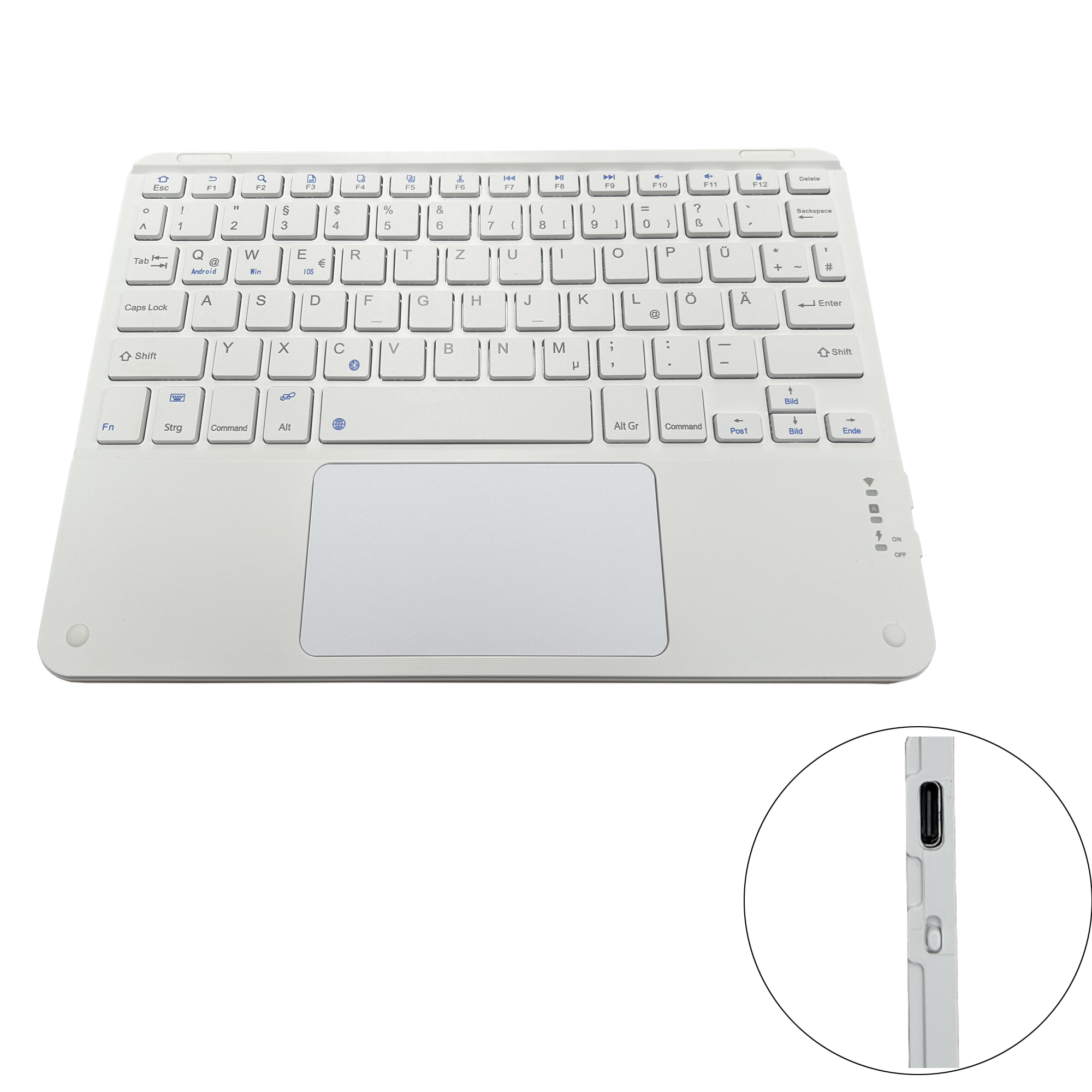Weiße, kabellose Tastatur mit Touchpad. Tasten umfassen Buchstaben, Zahlen und Symbole. Enthält Strom- und Verbindungsanzeigen.