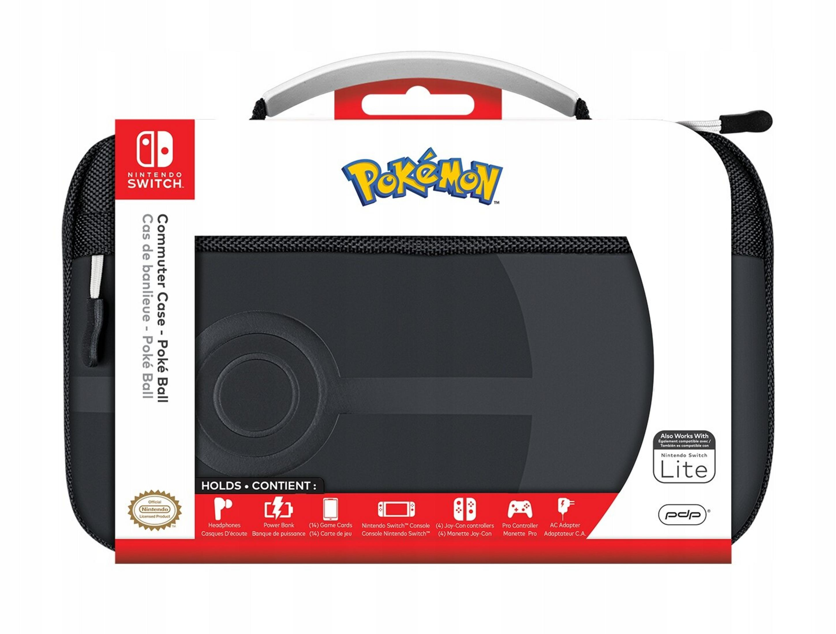 Czarna torba transportowa Pokemon. Ma wzór Poké Ball, z logo Nintendo Switch i logo Pokemon.