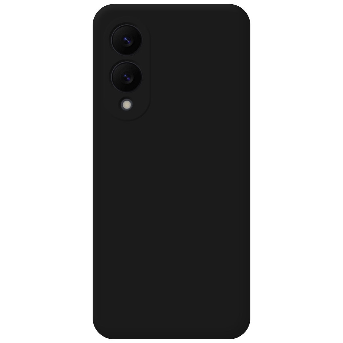 Una custodia nera per smartphone con un modulo fotocamera contenente tre lenti è visualizzata su sfondo bianco.