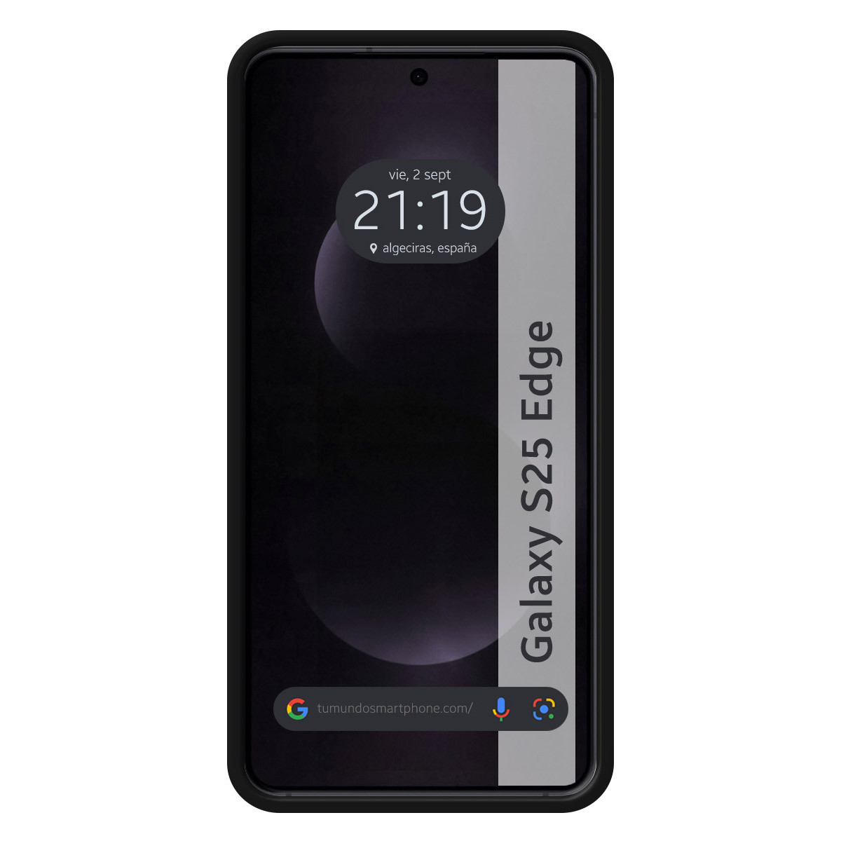 Uno smartphone nero mostra l'ora 21:19. Ha un bordo nero e una striscia bianca verticale con le parole 'Galaxy S25 Edge'.