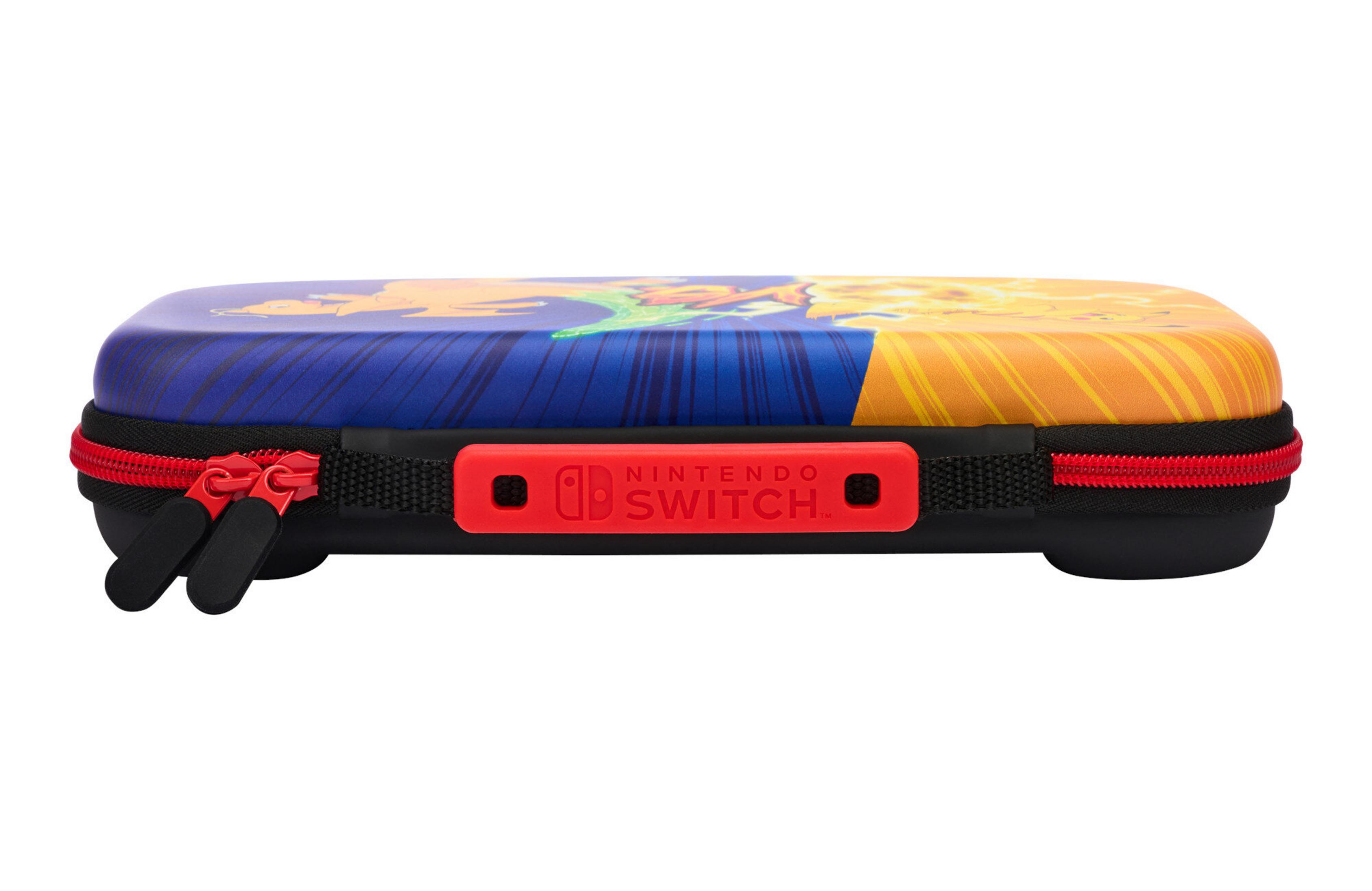 Eine Nintendo Switch-Hülle. Sie hat ein blaues und gelbes Design. Die Hülle hat einen roten Reißverschluss und ein rotes Nintendo Switch-Logo.
