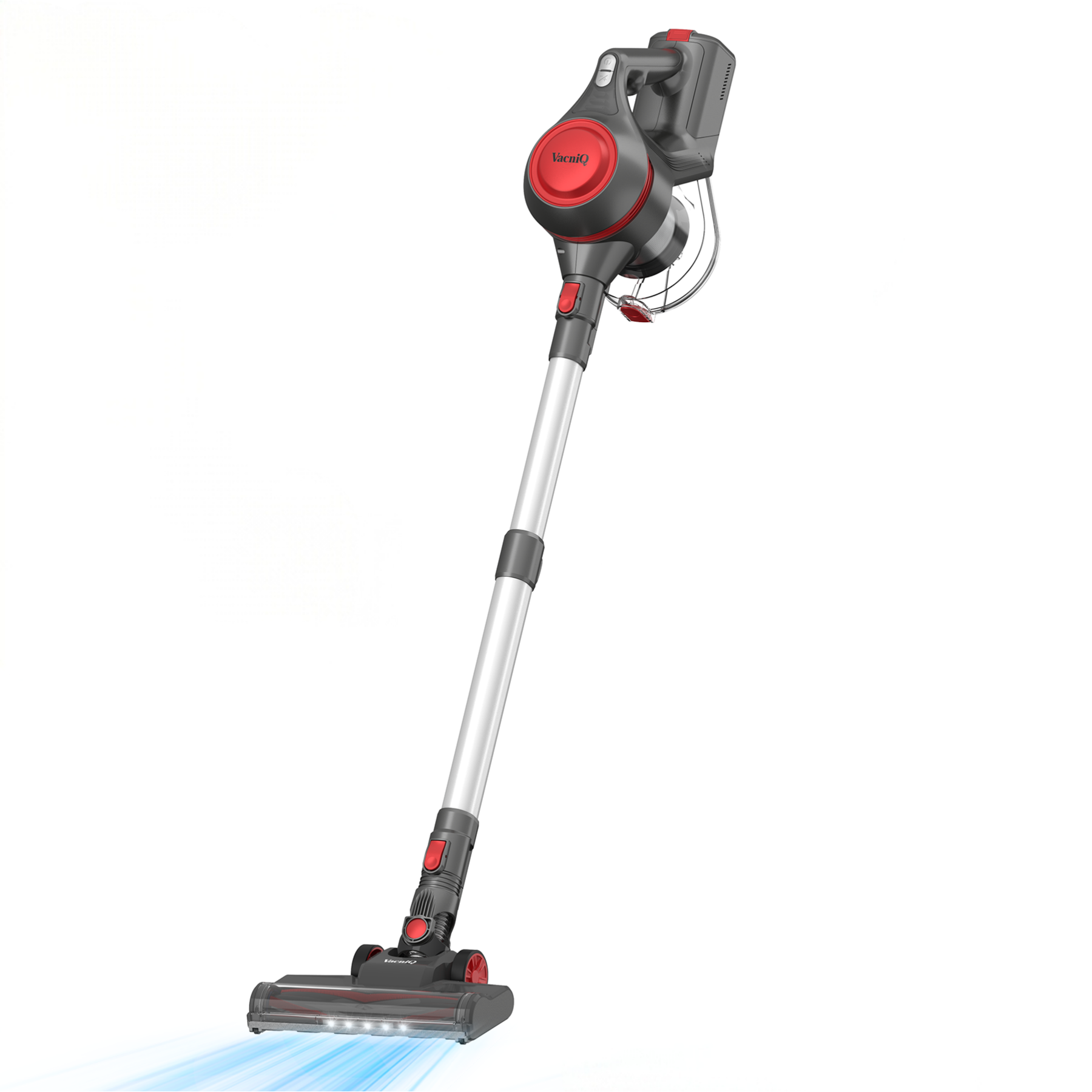 Bezprzewodowy odkurzacz VacniQ, szary i czerwony, z długim uchwytem i głowicą czyszczącą ze światłami na białym tle.