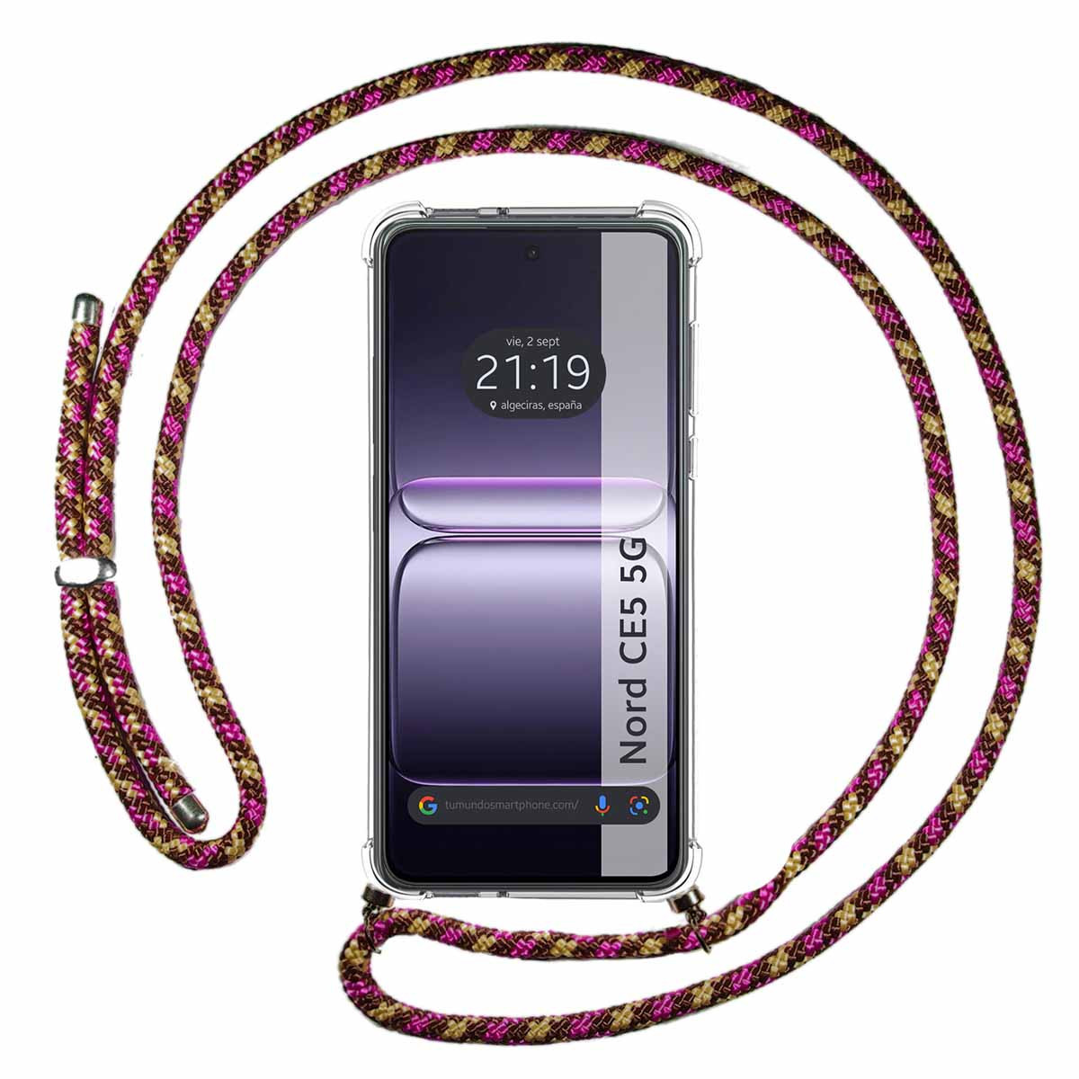Uno smartphone con custodia trasparente e cordino. Lo schermo mostra l'ora. Il cordino è marrone, rosa e oro.