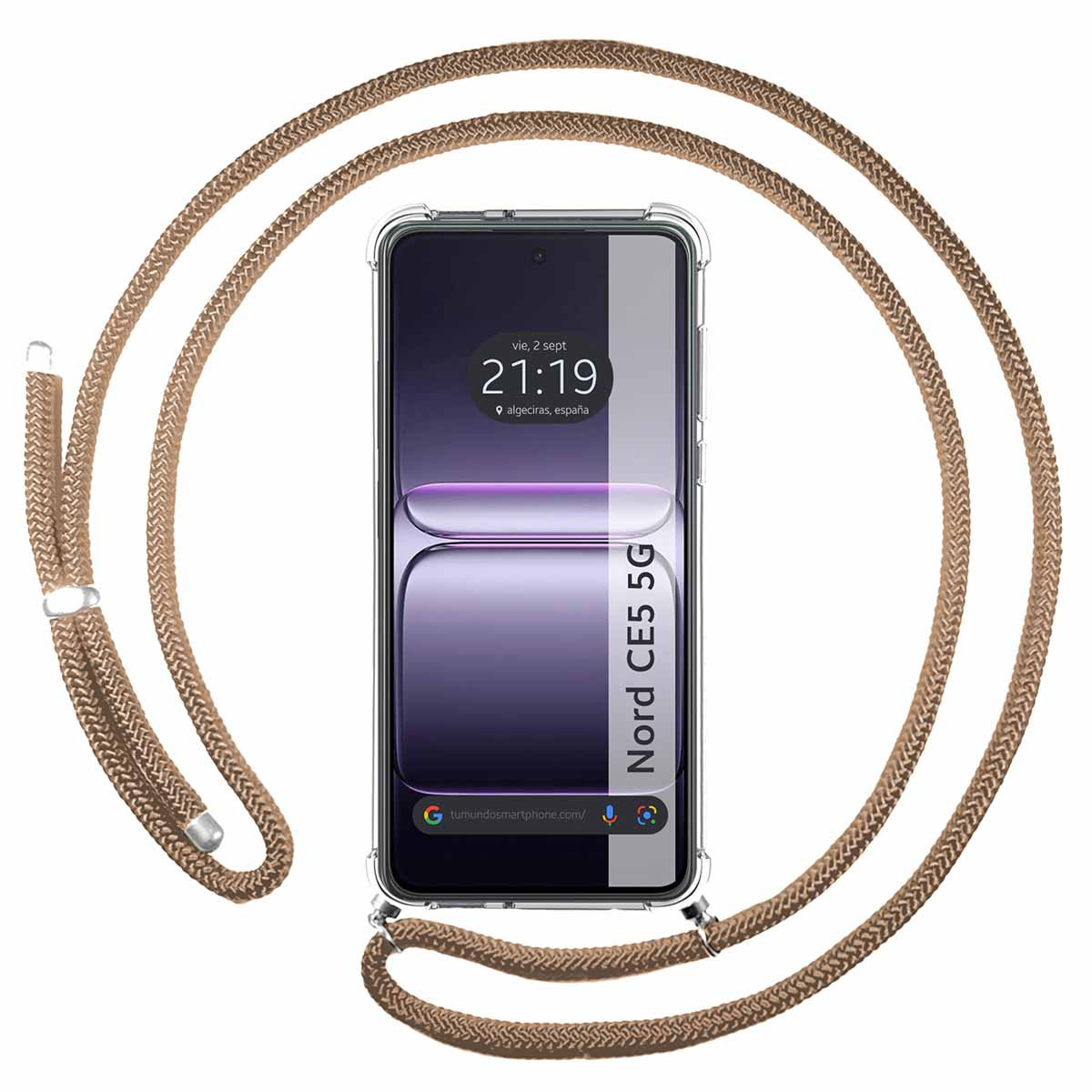 Smartphone con custodia e cinturino. Lo schermo mostra l'ora e il luogo. Il cinturino è marrone e avvolto attorno al telefono.