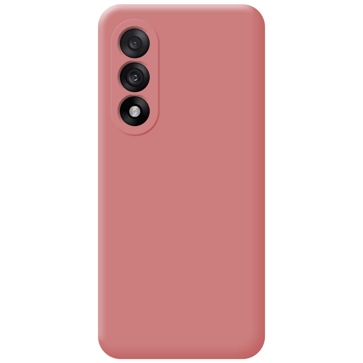 Primo piano di una custodia per telefono rosa. Ha tre obiettivi della fotocamera in una fila verticale e una finitura opaca liscia.