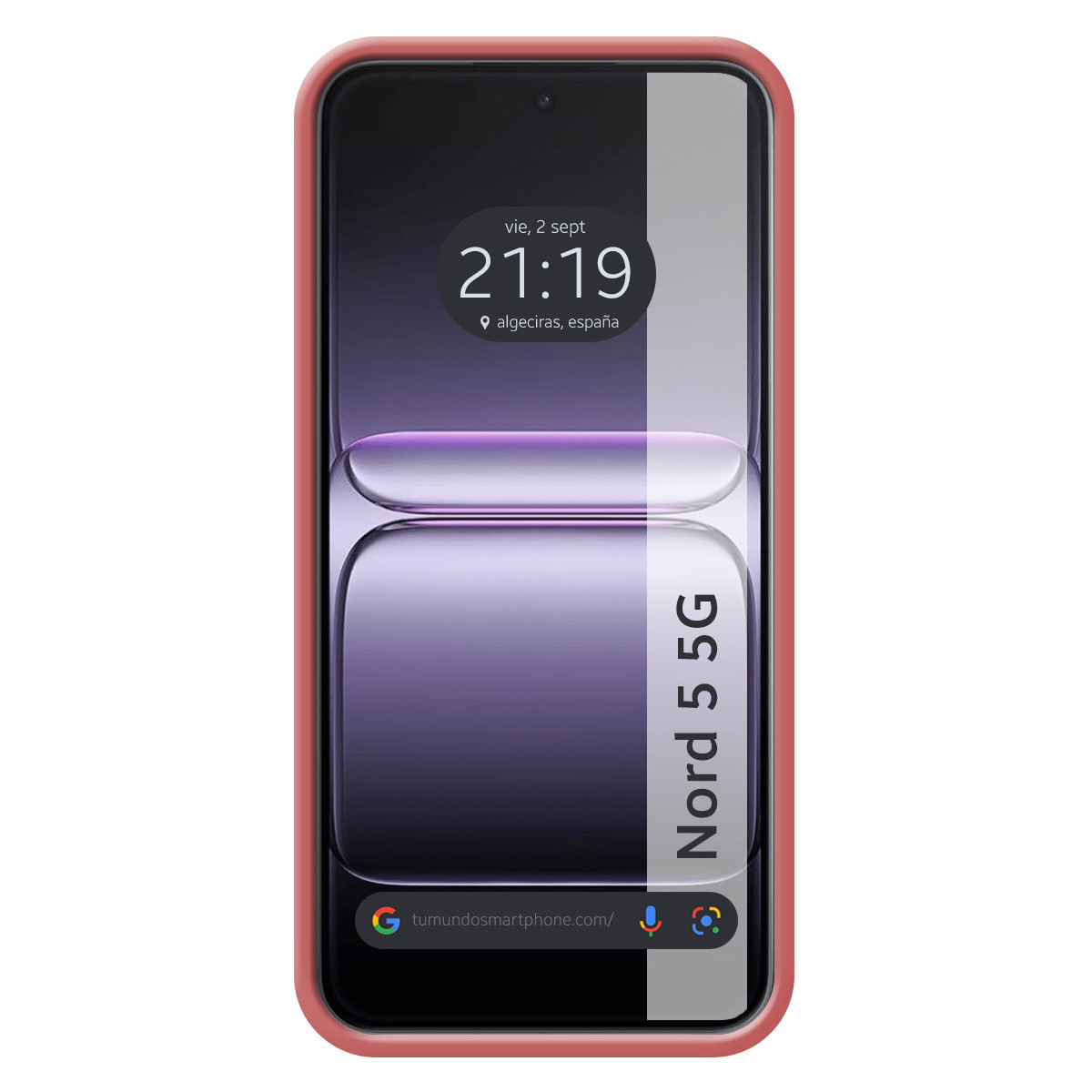 Schermo smartphone con ora, data e barra di ricerca Google, con testo Nord 5 5G, in custodia rossa.