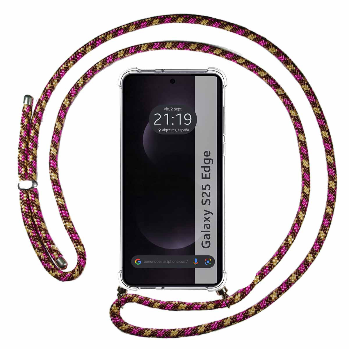 Un telefono con una cinghia di corda rosa, marrone e oro. Il telefono mostra l'ora 21:19 e le parole 'Galaxy S25 Edge'.