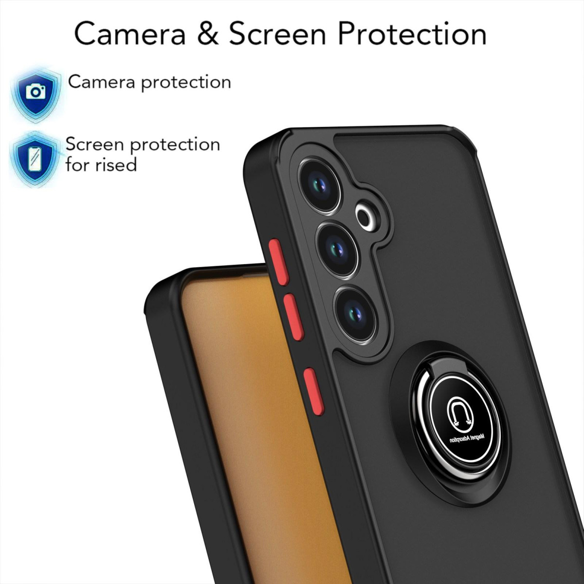 Custodia nera per telefono con protezione fotocamera e schermo. Pulsanti rossi e supporto ad anello argentato. Testo: Protezione fotocamera e schermo.