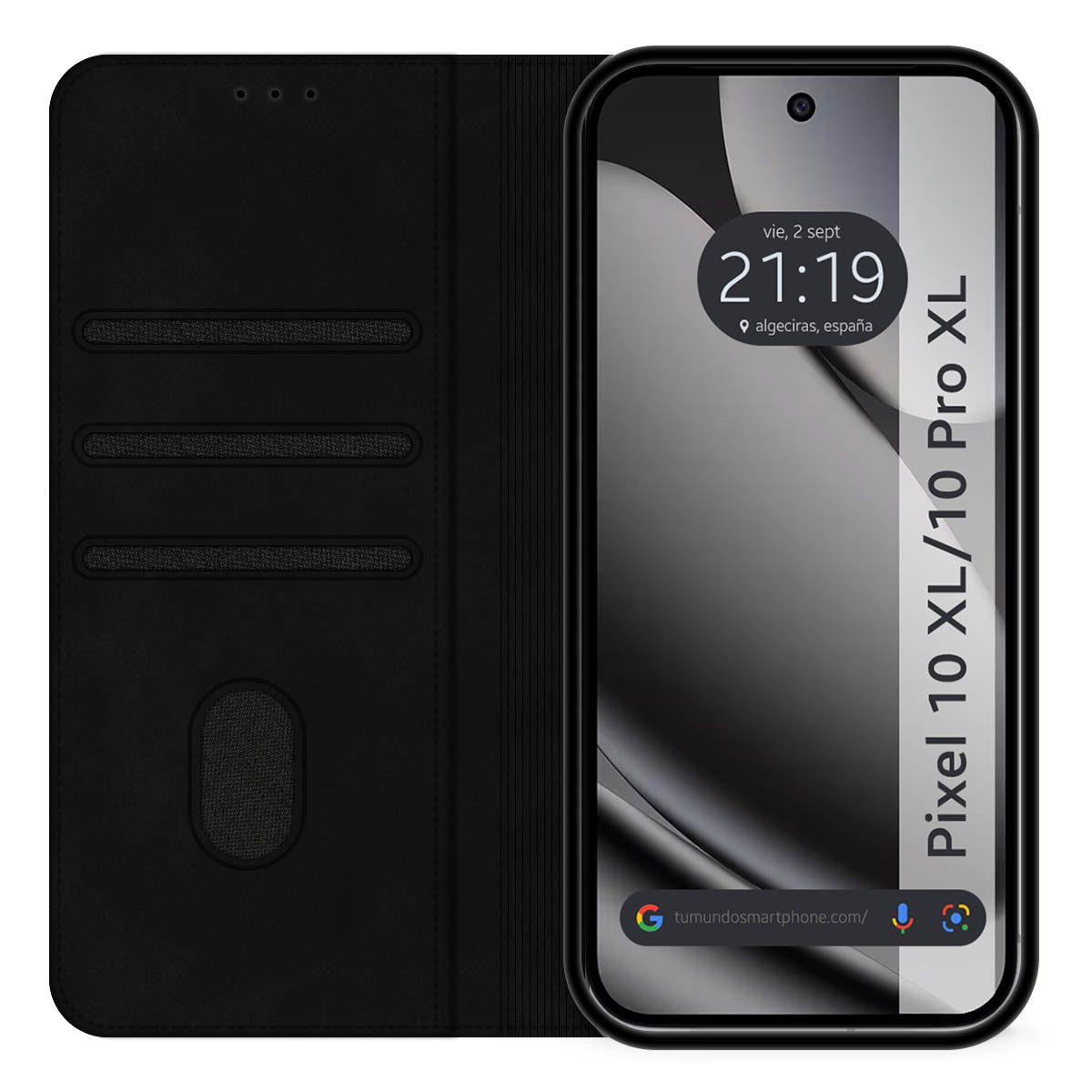 Un telefono in una custodia nera mostra una schermata di blocco con l'ora e la posizione. Il telefono è etichettato Pixel 10 XL/10 Pro XL.