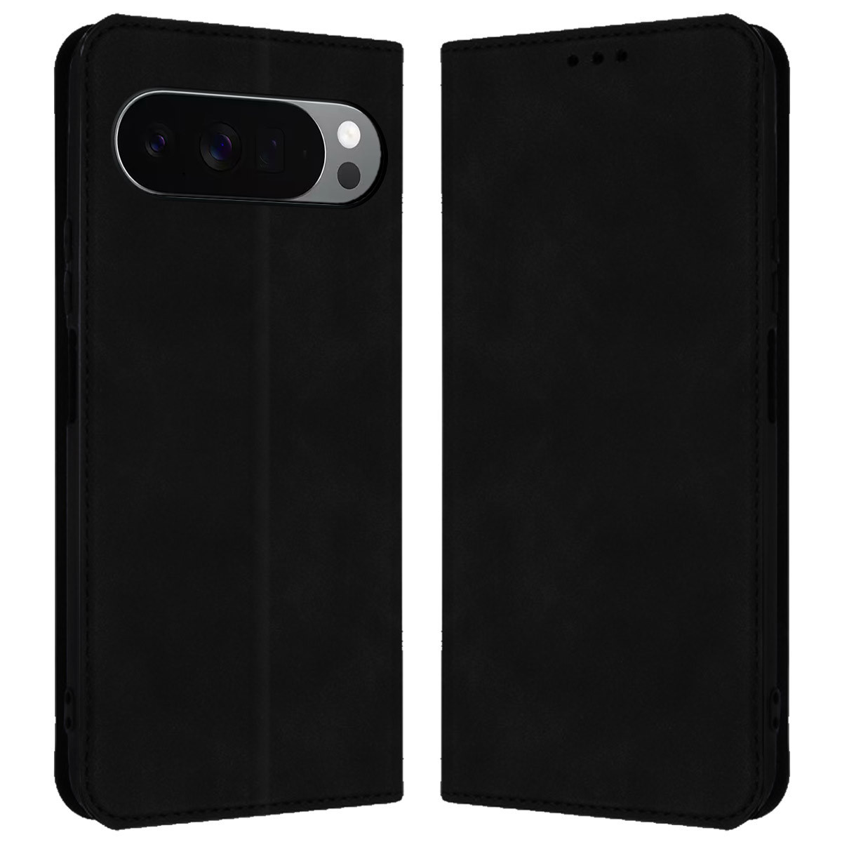Una custodia nera per telefono, aperta per rivelare la fotocamera del telefono. La custodia è simile alla pelle con chiusura magnetica.