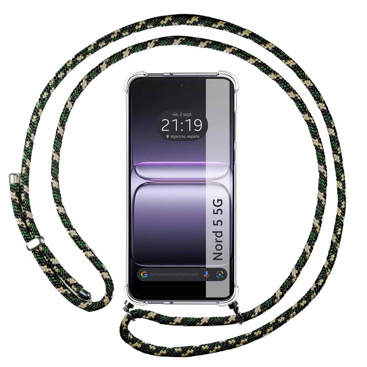 Uno smartphone in una custodia trasparente con un cordino a motivo mimetico. Lo schermo mostra l'ora e il marchio del telefono.