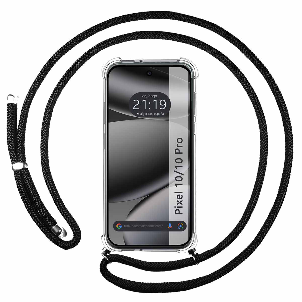 Uno smartphone con cinturino nero. Il telefono mostra l'ora 21:19. La custodia del telefono è trasparente.