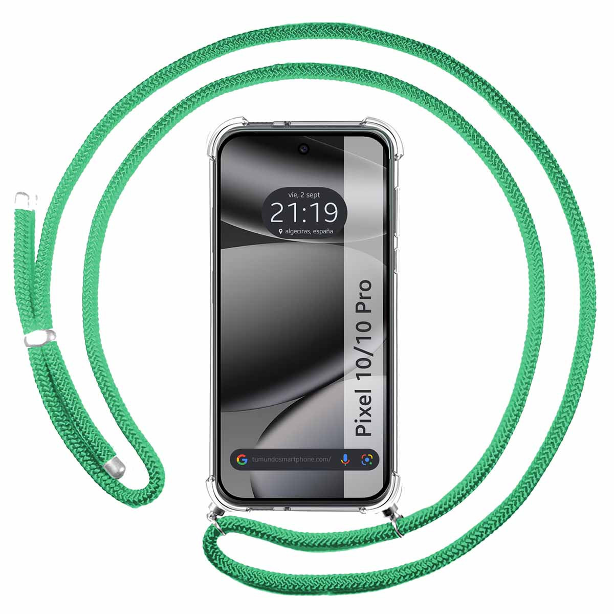 Uno smartphone con custodia trasparente e cordino verde. Il telefono mostra l'ora 21:19. Il cordino forma un cerchio.