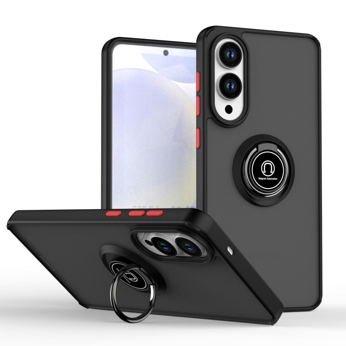 Custodie per telefono nere con dettagli rossi e anelli. Una custodia è in posizione verticale, due sono angolate. Custodie hanno fori per fotocamera e schermo.