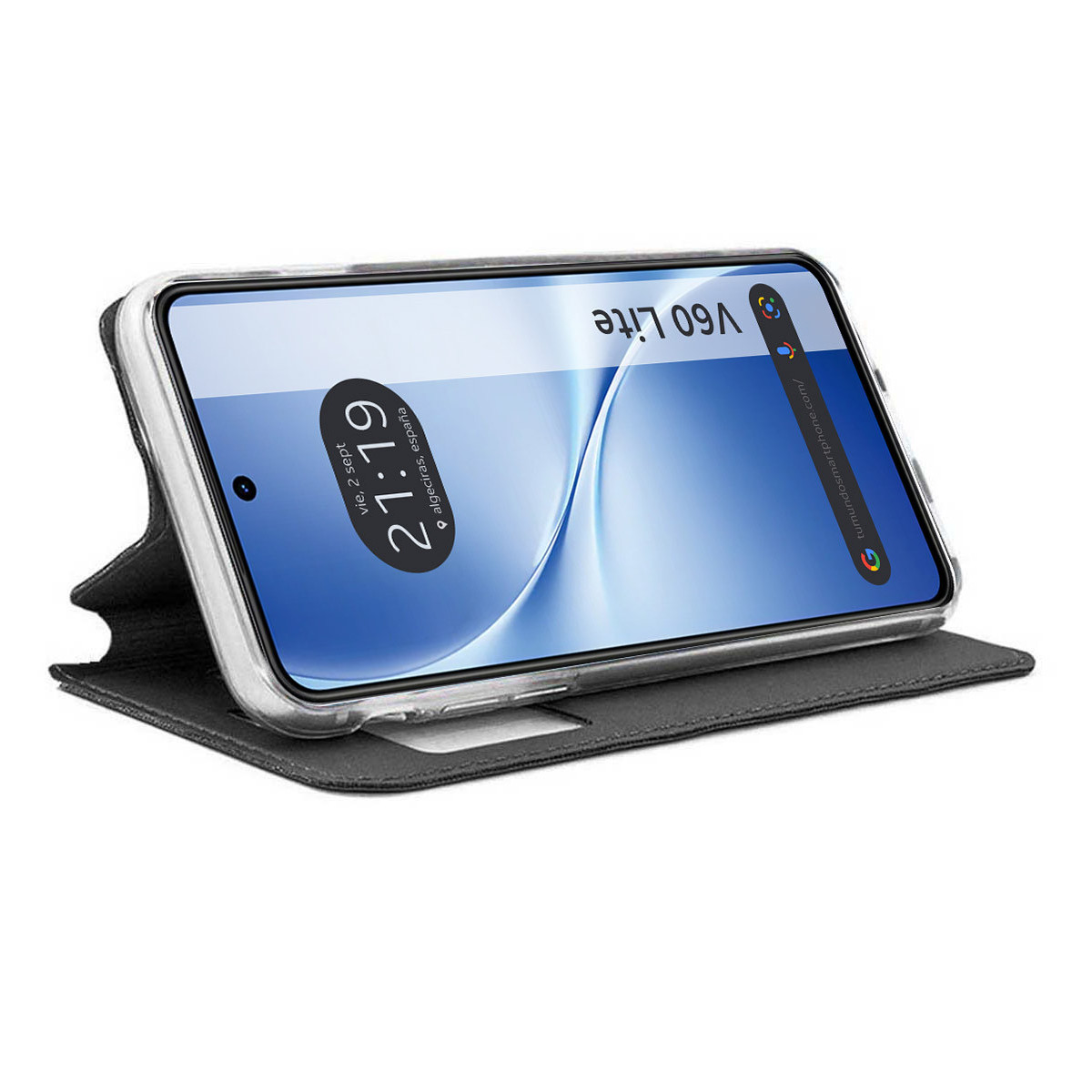 Uno smartphone, V60 Lite, visualizzato in una custodia nera. Lo schermo mostra l'ora, 21:19, e uno sfondo blu. La custodia è aperta.