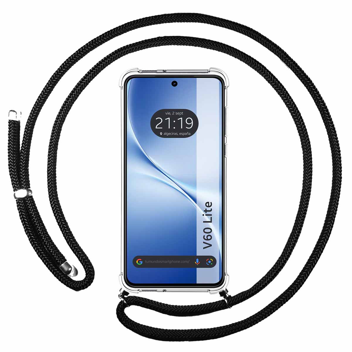 Uno smartphone con una corda nera intorno. Lo schermo mostra l'ora, la data e il luogo. Il modello del telefono è V60 Lite.