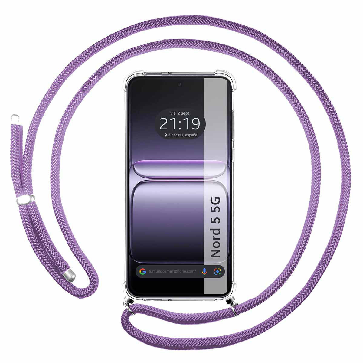 Uno smartphone con un cordino viola. Il telefono mostra l'ora 21:19. La custodia del telefono è trasparente. Il telefono dice Nord 5 5G.