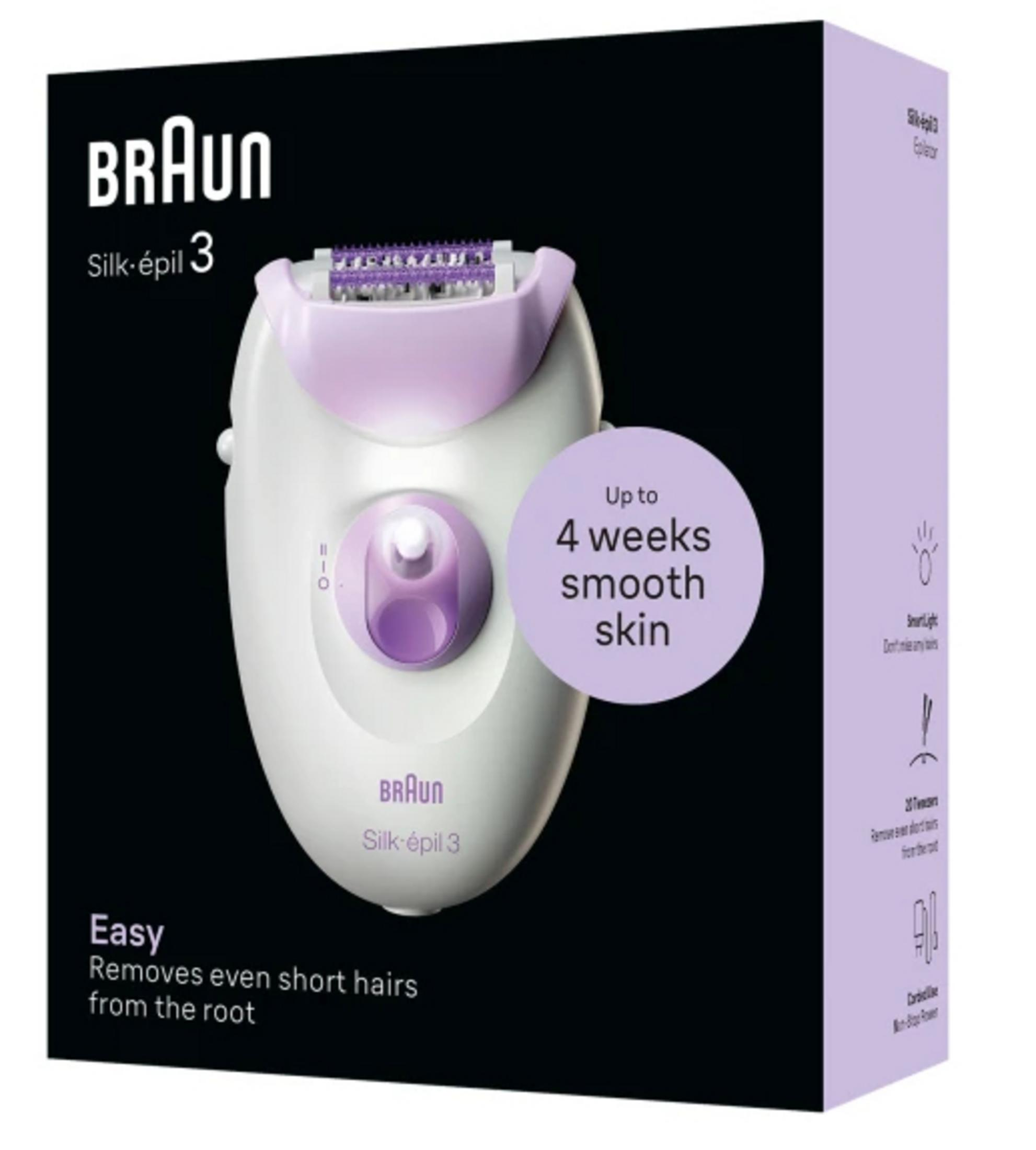 Zapakowany epilator Braun Silk-épil 3. Biały i lawendowy epilator z czarnym tłem i tekstem opisującym jego funkcje.