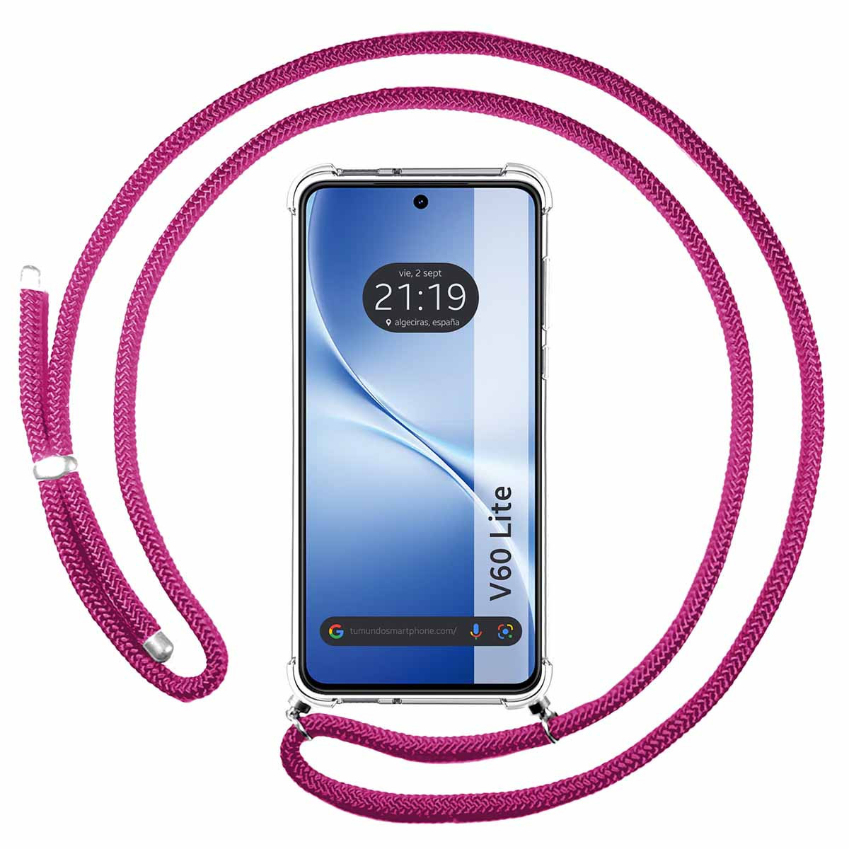 Viene mostrato uno smartphone con un cordino rosa. Lo schermo mostra l'ora e la data. Il telefono è in una custodia trasparente.