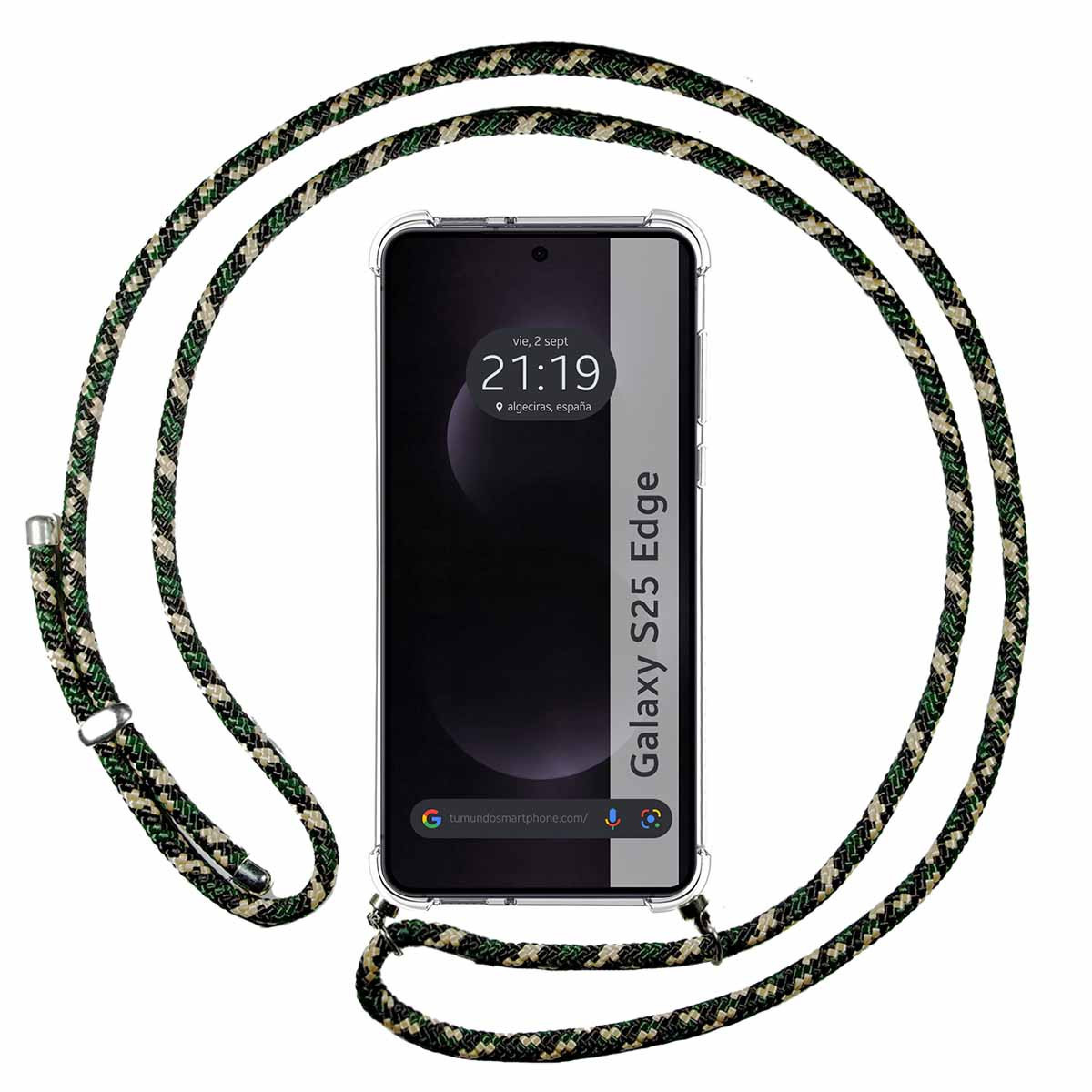 Smartphone Galaxy S25 Edge con cinturino verde e bianco mimetico. Lo schermo mostra l'ora e la data. Il telefono è centrato.