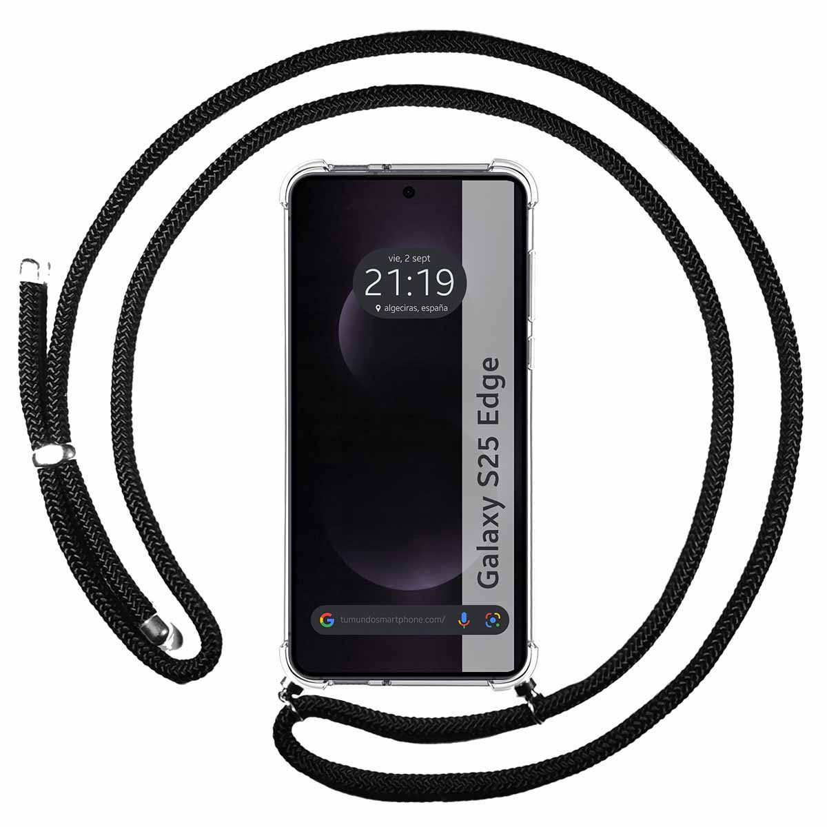 Un telefono in una custodia trasparente con un cordino nero. Il telefono mostra l'ora 21:19. Il telefono è etichettato Galaxy S25 Edge.