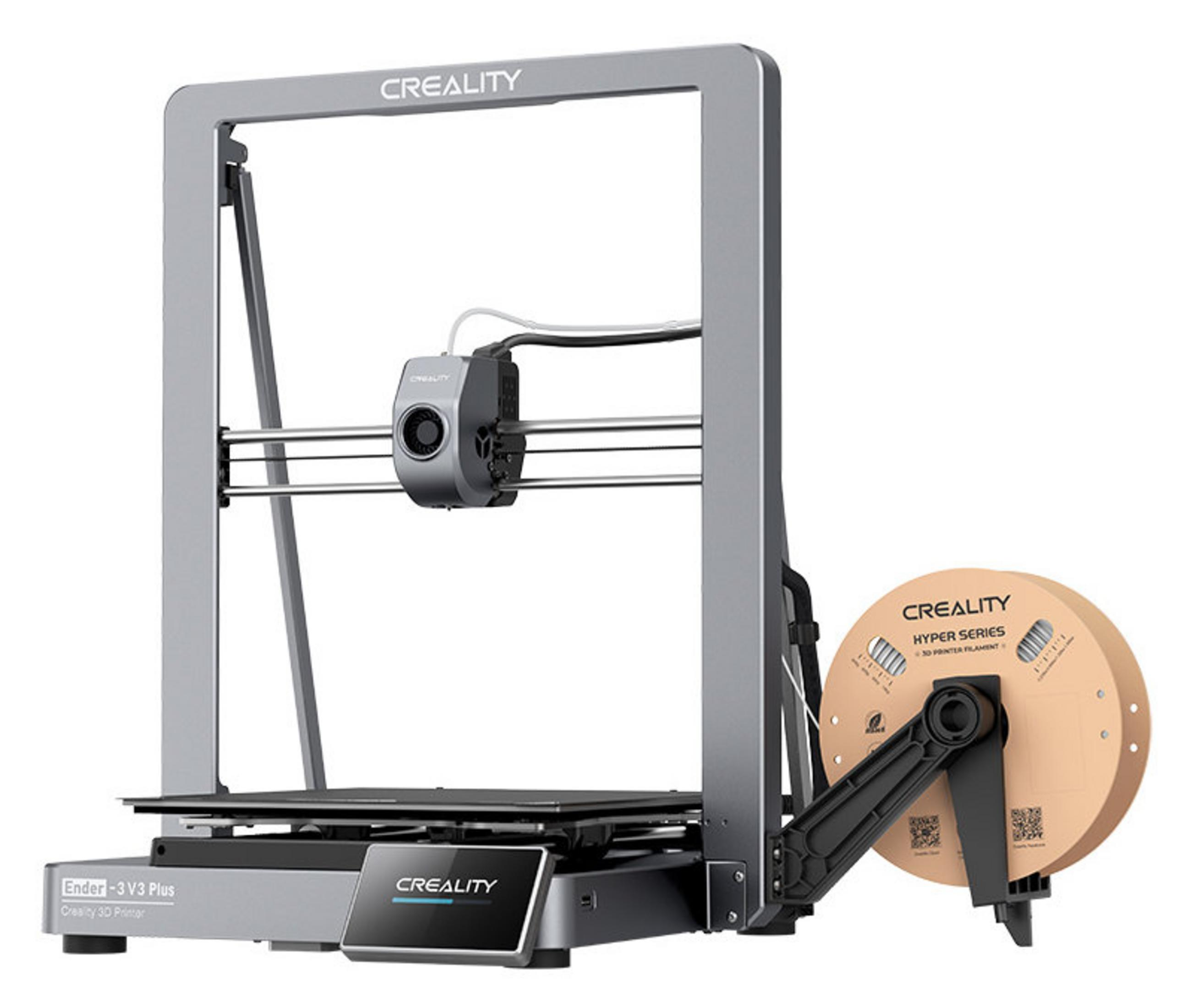 Szara drukarka 3D z czarną podstawą i beżową szpulą filamentu. Marka to Creality.