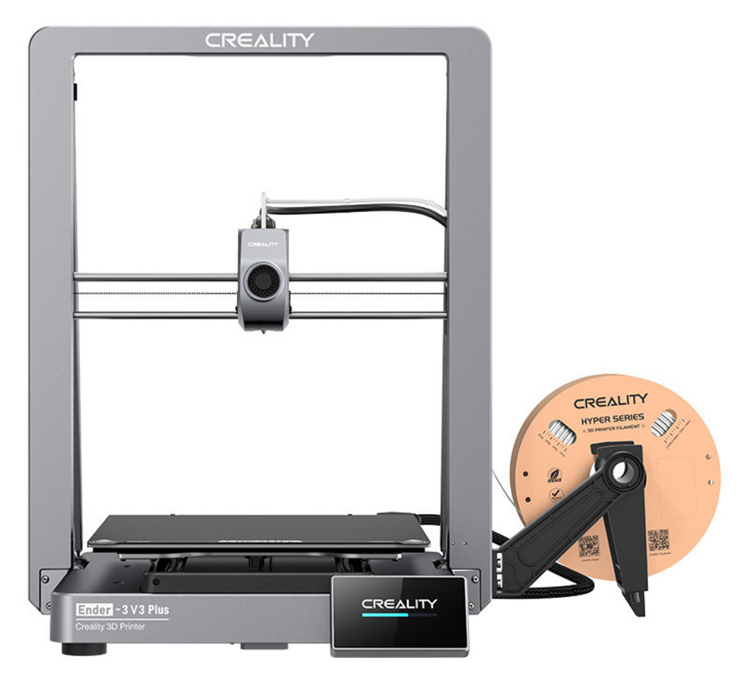 Drukarka 3D Creality Ender-3 V3 Plus. Szara rama, czarne podłoże do druku. Szpula filamentu po prawej.