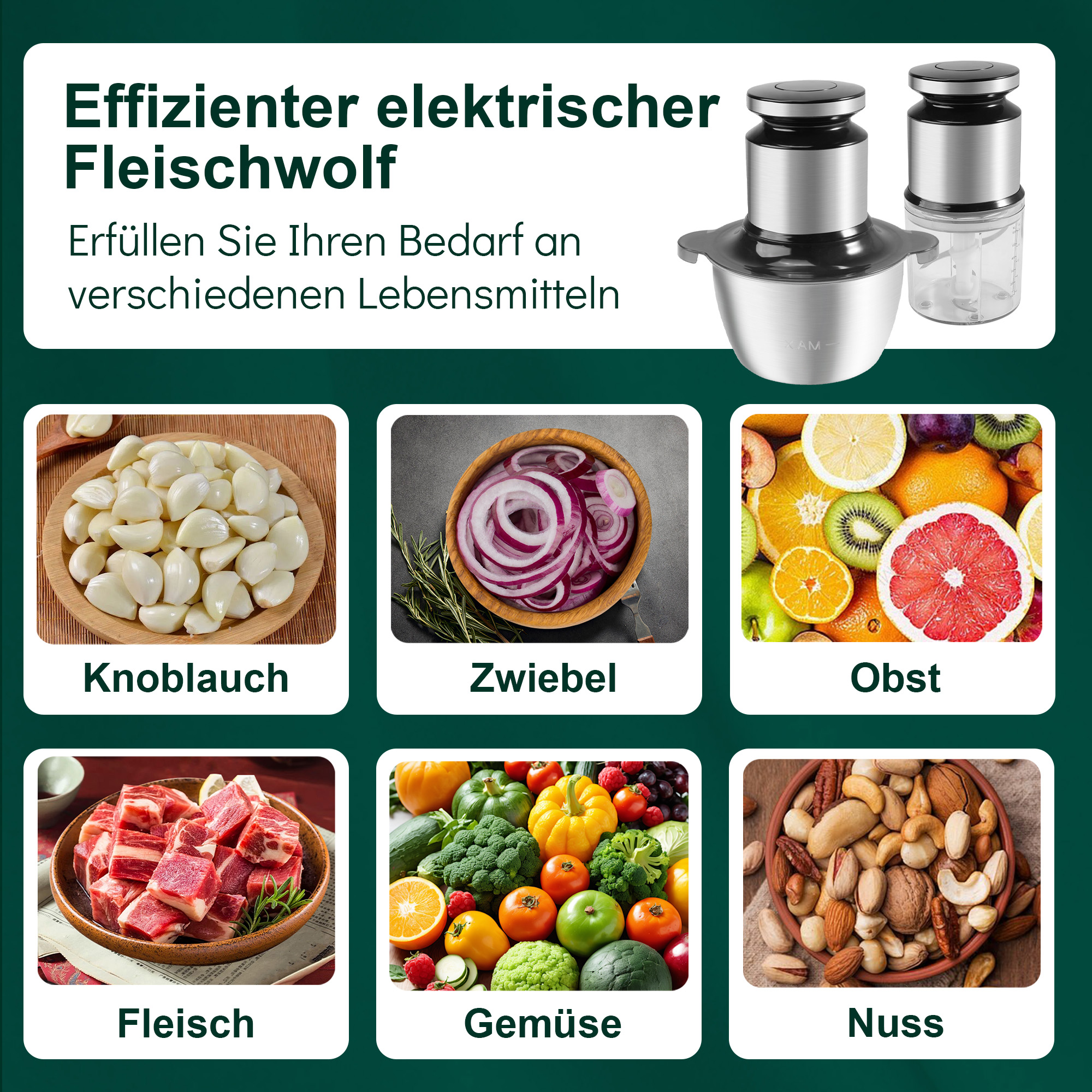 Das Bild zeigt einen Foodprozessor und verschiedene Lebensmittel wie Knoblauch, Zwiebeln, Obst, Fleisch, Gemüse und Nüsse.
