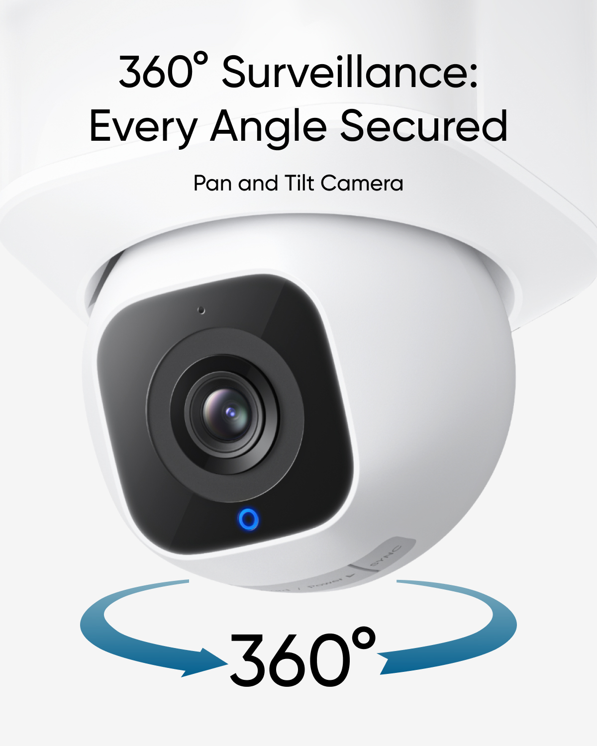 Una telecamera di sorveglianza bianca con lente nera. Testo: Sorveglianza a 360°, Ogni angolo protetto, Telecamera Pan e Tilt, e freccia a 360°.