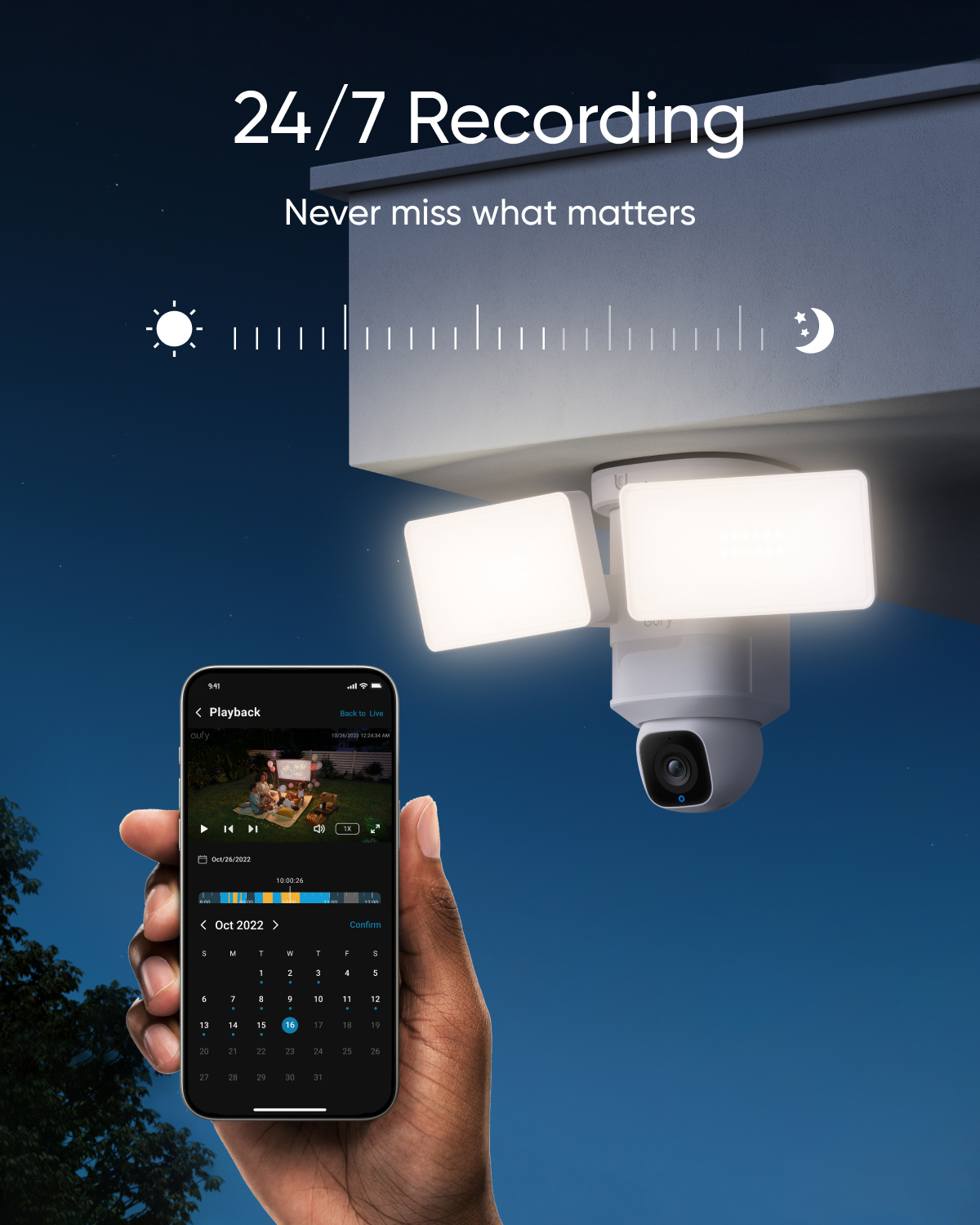 Una telecamera di sicurezza con luci è montata su un edificio. Un telefono mostra un'interfaccia di riproduzione video. Lo sfondo è un cielo notturno blu.