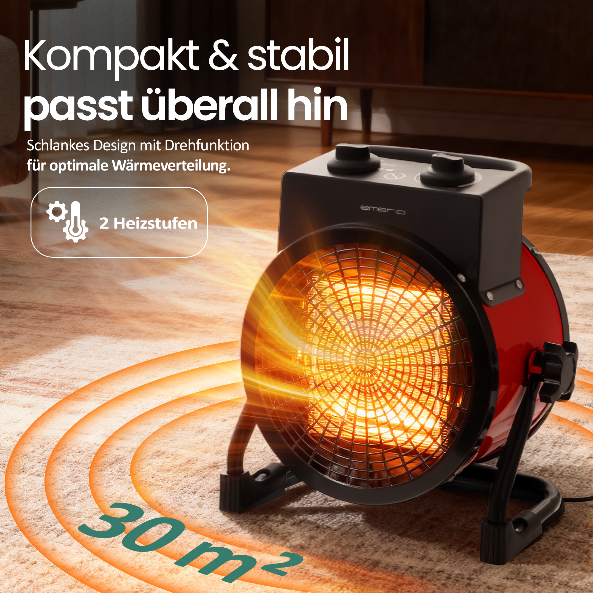 Ein rot-schwarzer Heizlüfter steht auf einem Teppich. Er hat ein glühendes Heizelement. Der Hintergrund ist unscharf.