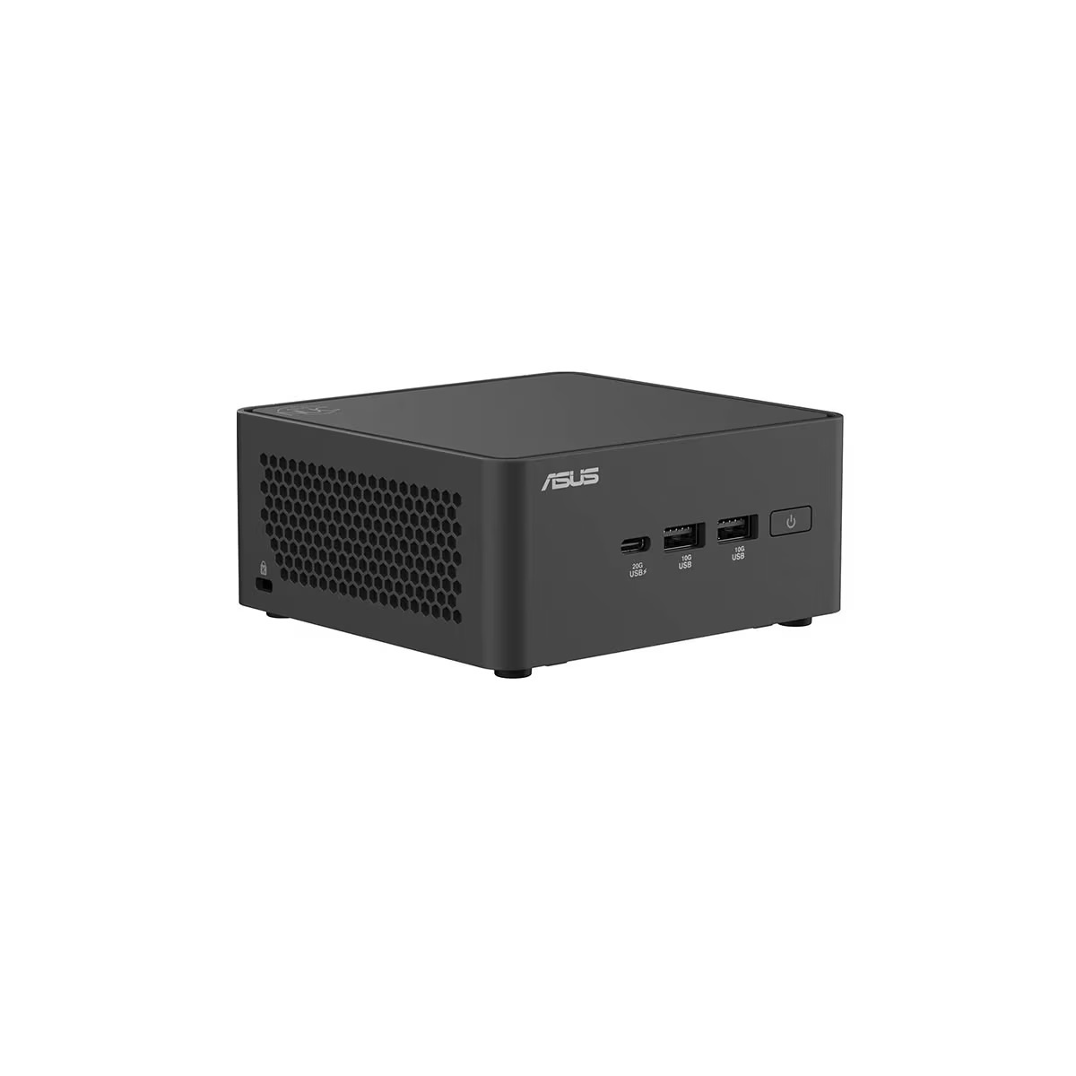 Ciemnoszary mini PC ASUS. Posiada przedni panel z portami USB i przyciskiem zasilania. Z boku znajduje się kratka wentylacyjna.