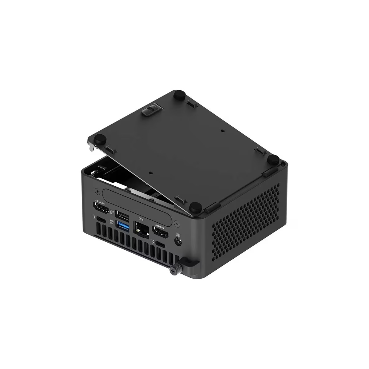 Mała czarna obudowa komputera jest pokazana z lekko otwartą górną pokrywą. Widoczne są różne porty i otwory wentylacyjne.