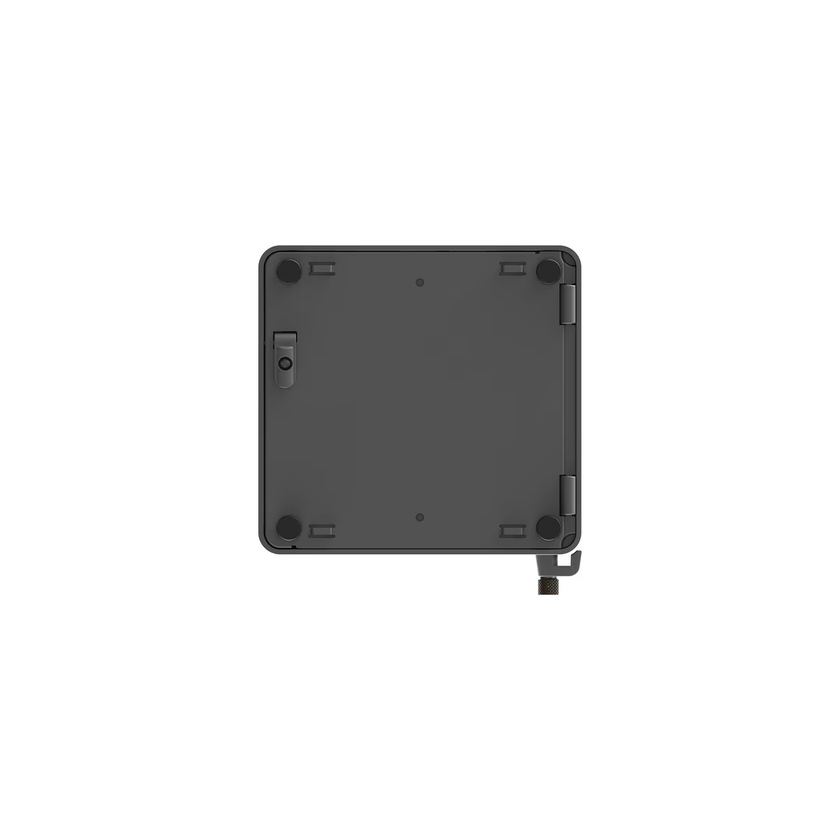 Ciemnoszare prostokątne urządzenie z zaokrąglonymi rogami, małymi czarnymi nóżkami i złączem.