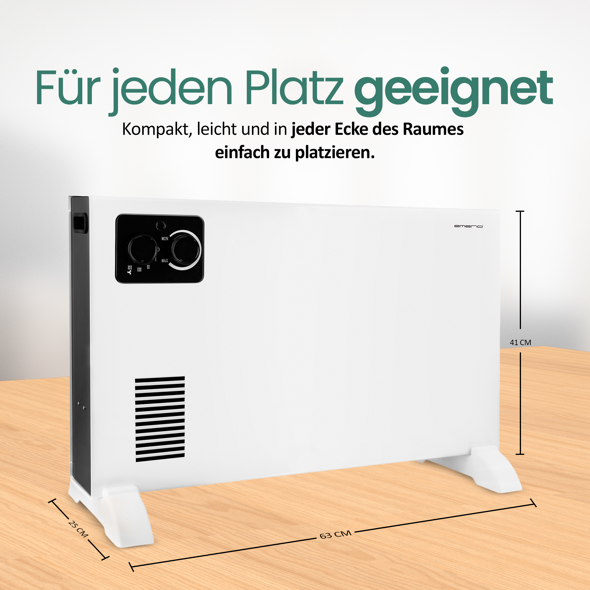 Weißer Elektroheizer mit schwarzem Bedienfeld auf Holzoberfläche. Text: Für jeden Platz geeignet.