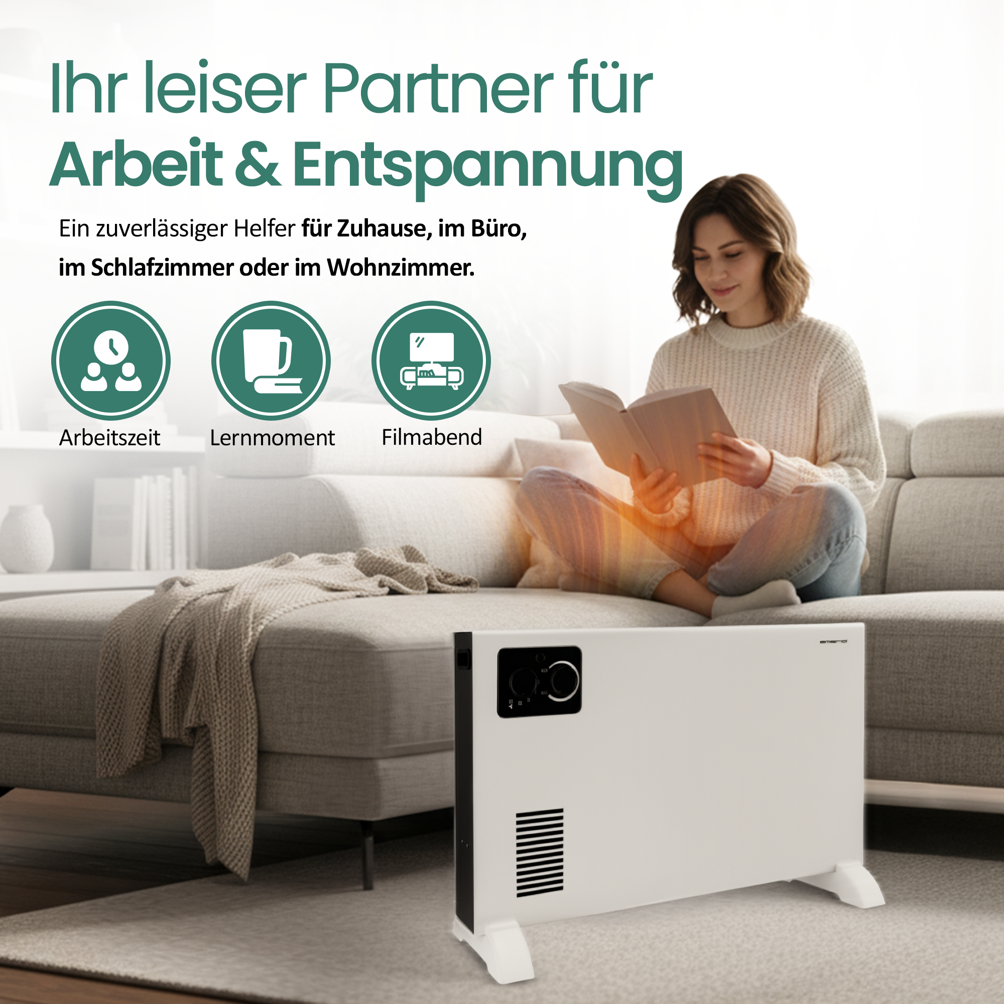 Eine Frau liest auf einem Sofa in der Nähe einer weißen Heizung. Text oben sagt 'Arbeit & Entspannung'.