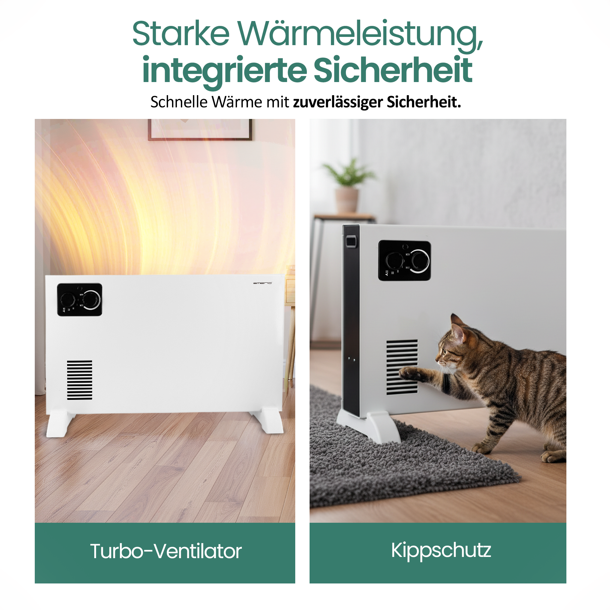 Ein weißer Heizlüfter mit schwarzen Bedienelementen. Eine Katze berührt ihn. Der Text lautet 'Starke Wärmeleistung, integrierte Sicherheit'.