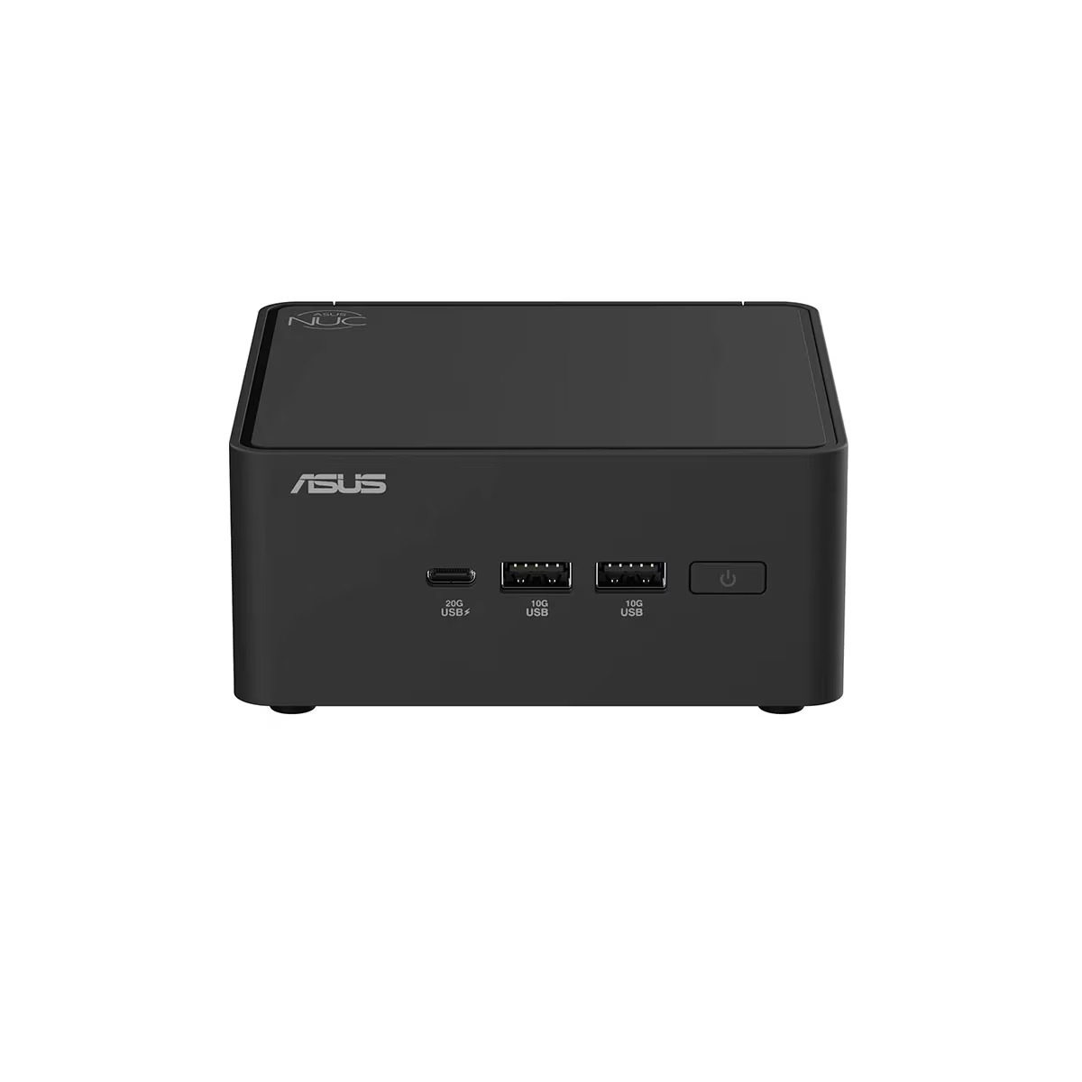 Czarny mini PC ASUS NUC. Z przodu porty USB i przycisk zasilania. Na górze logo NUC.