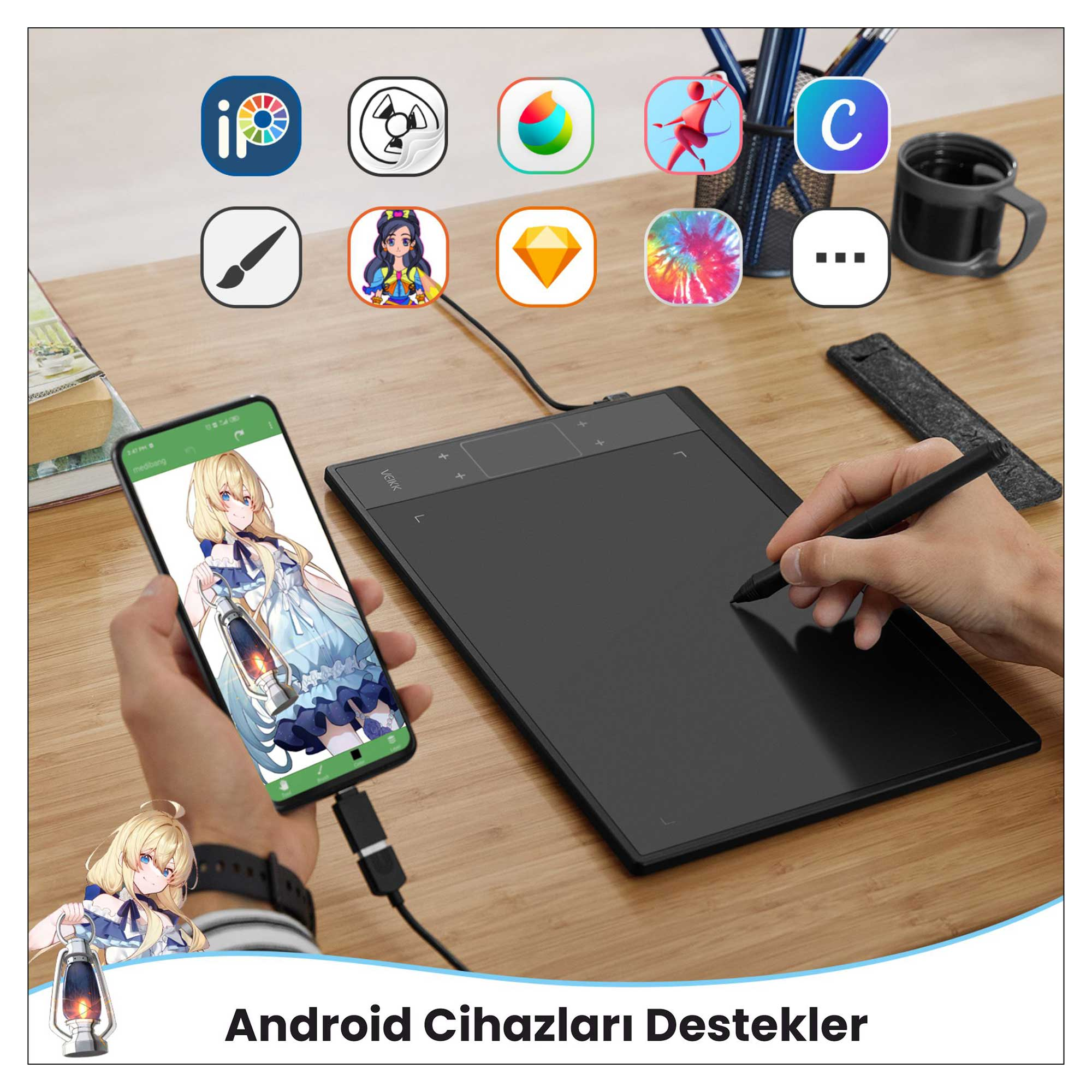 Bir kalemle bir tablet, bir anime kızını gösteren bir telefon ve ahşap bir masada çeşitli uygulama simgeleri.