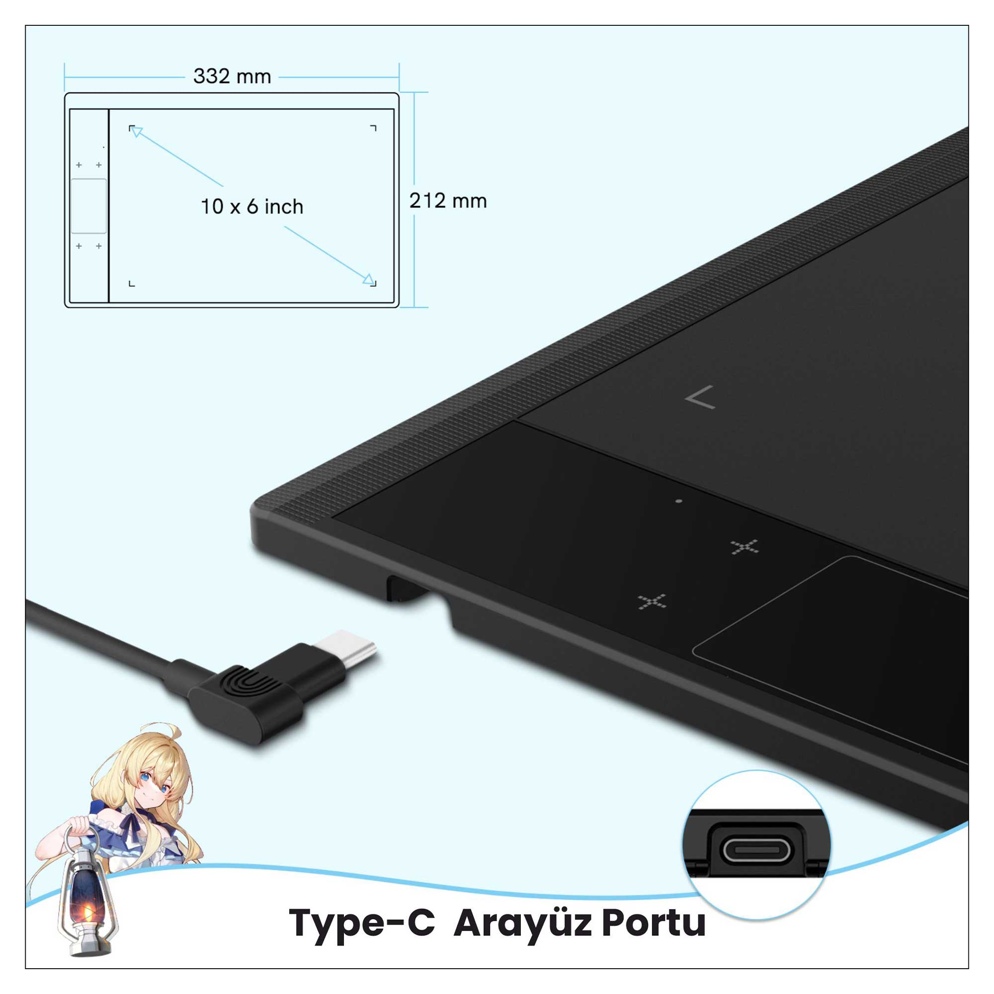 Boyutları olan siyah çizim tableti, USB-C bağlantı noktası ve fener tutan çizgi film kızı.