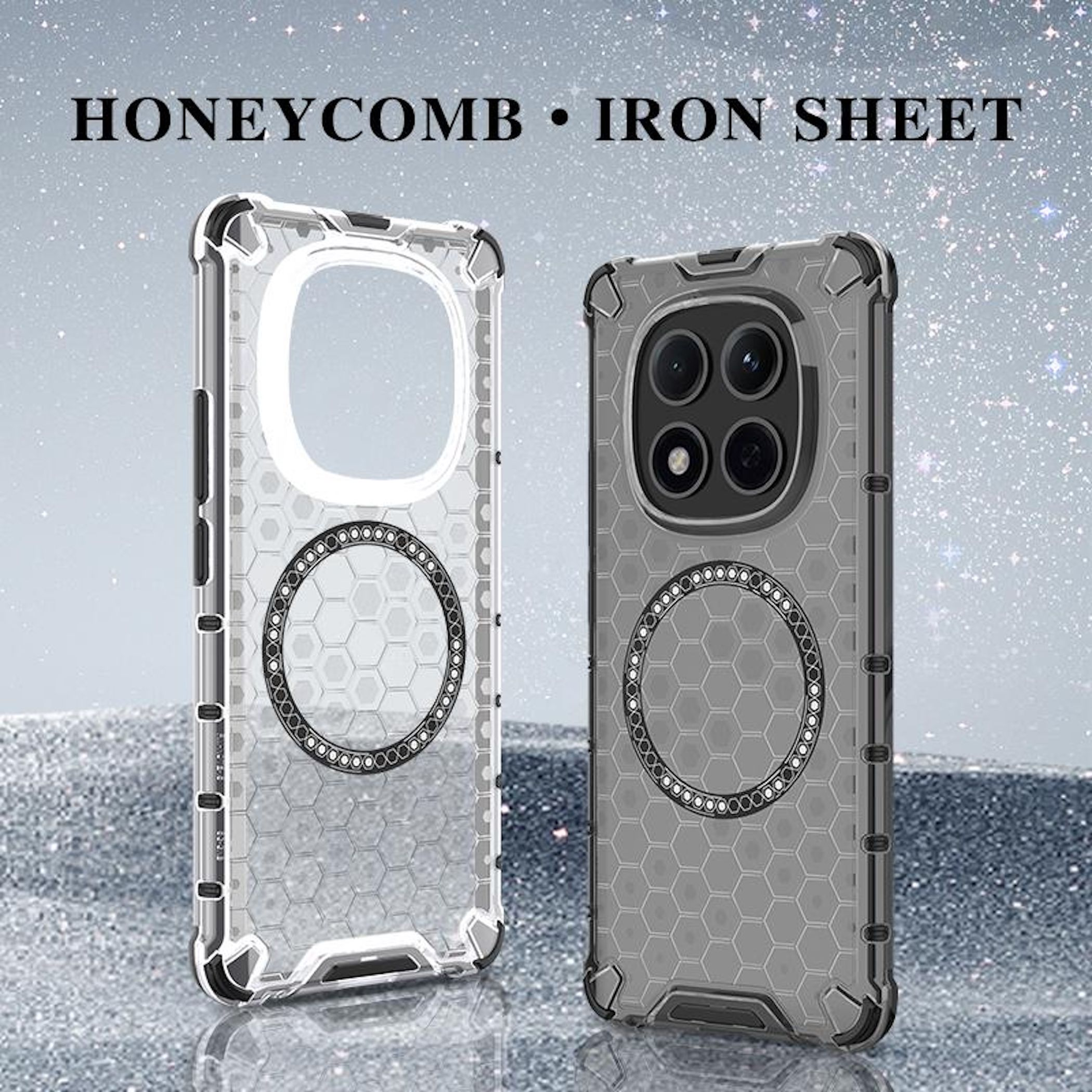 Zwei Handyhüllen mit Wabenmustern, eine klar, eine grau. Text lautet 'HONEYCOMB IRON SHEET' oben.