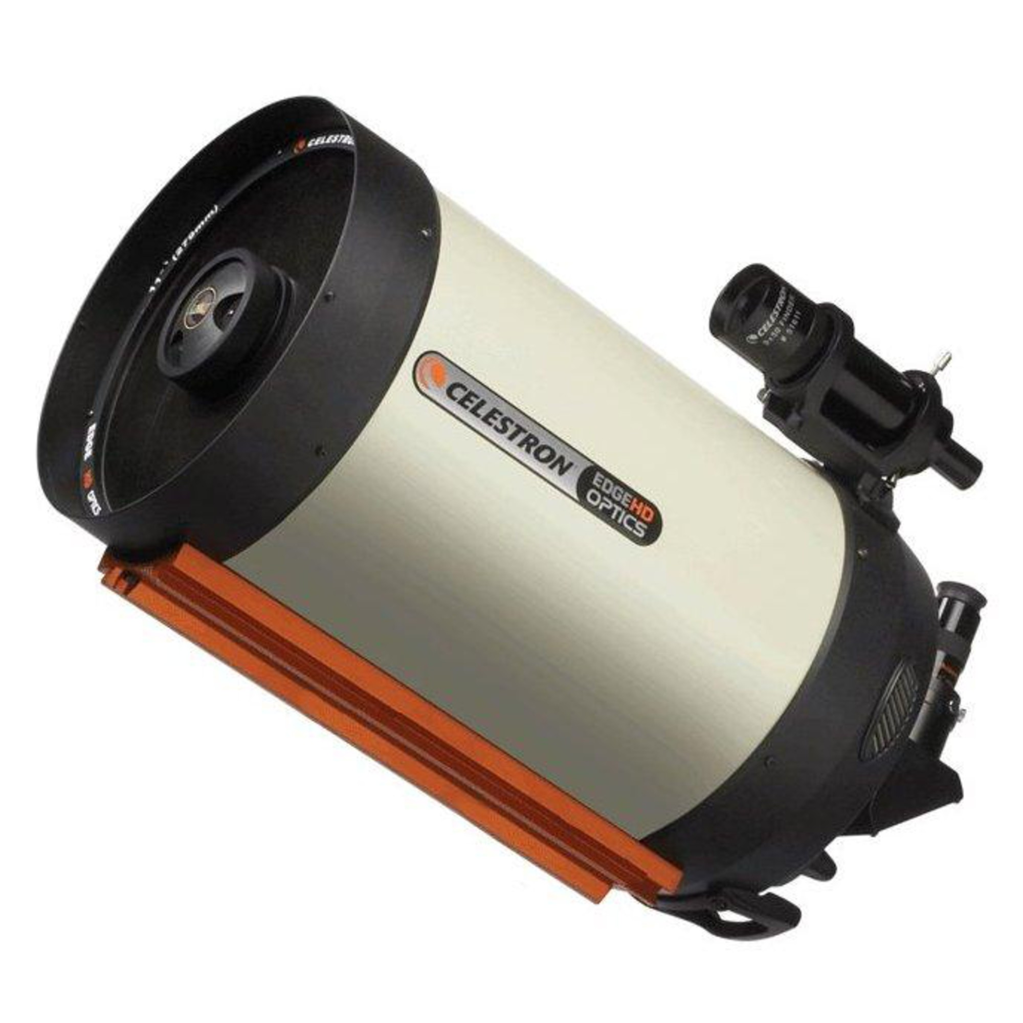 Ein Celestron EdgeHD-Teleskop. Es hat eine weiße Röhre mit schwarzen Enden, orangefarbenen Stützen und ein Sucherfernrohr.